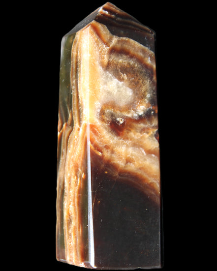 Chocolate Calcite obelisk 107*33*32mm 236g in sunlight - Rocks and Things Store