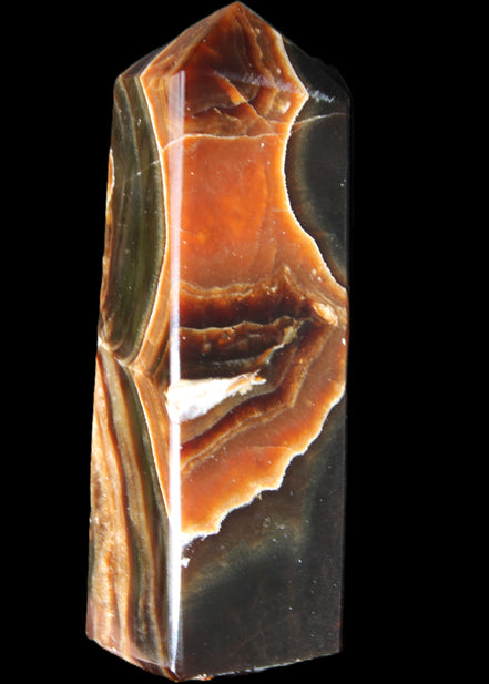 Chocolate Calcite obelisk 107*33*32mm 236g in sunlight - Rocks and Things Store