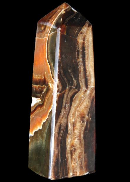 Chocolate Calcite obelisk 107*33*32mm 236g in sunlight - Rocks and Things Store