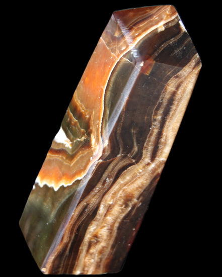 Chocolate Calcite obelisk 107*33*32mm 236g in sunlight - Rocks and Things Store