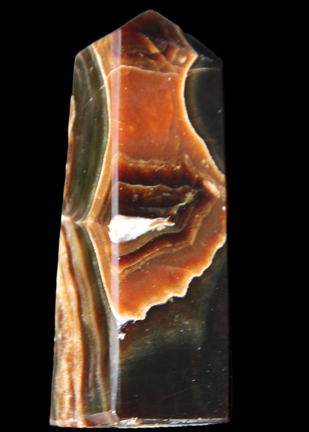 Chocolate Calcite obelisk 107*33*32mm 236g in sunlight - Rocks and Things Store