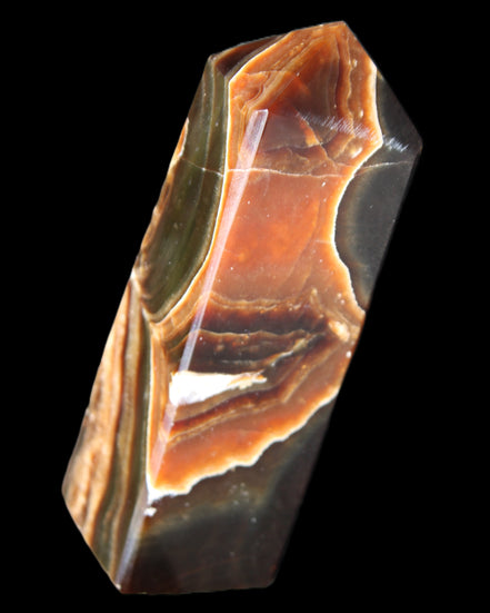 Chocolate Calcite obelisk 107*33*32mm 236g in sunlight - Rocks and Things Store