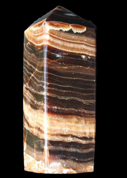 Chocolate Calcite obelisk 98*32*30mm 253g in sunlight - Rocks and Things Store