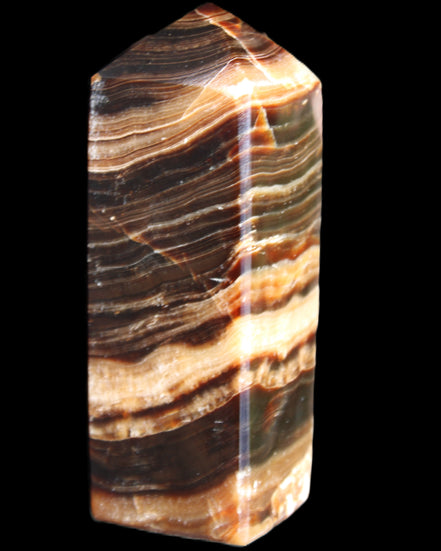 Chocolate Calcite obelisk 98*32*30mm 253g in sunlight - Rocks and Things Store