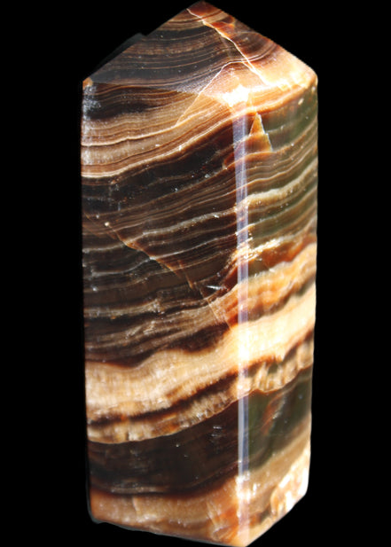 Chocolate Calcite obelisk 98*32*30mm 253g in sunlight - Rocks and Things Store