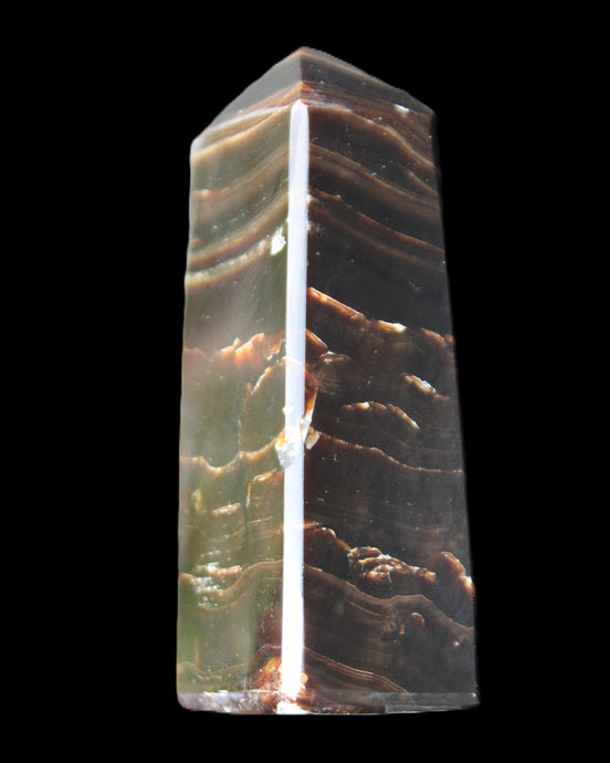 Chocolate Calcite obelisk 92*33*28mm 196g in sunlight - Rocks and Things Store