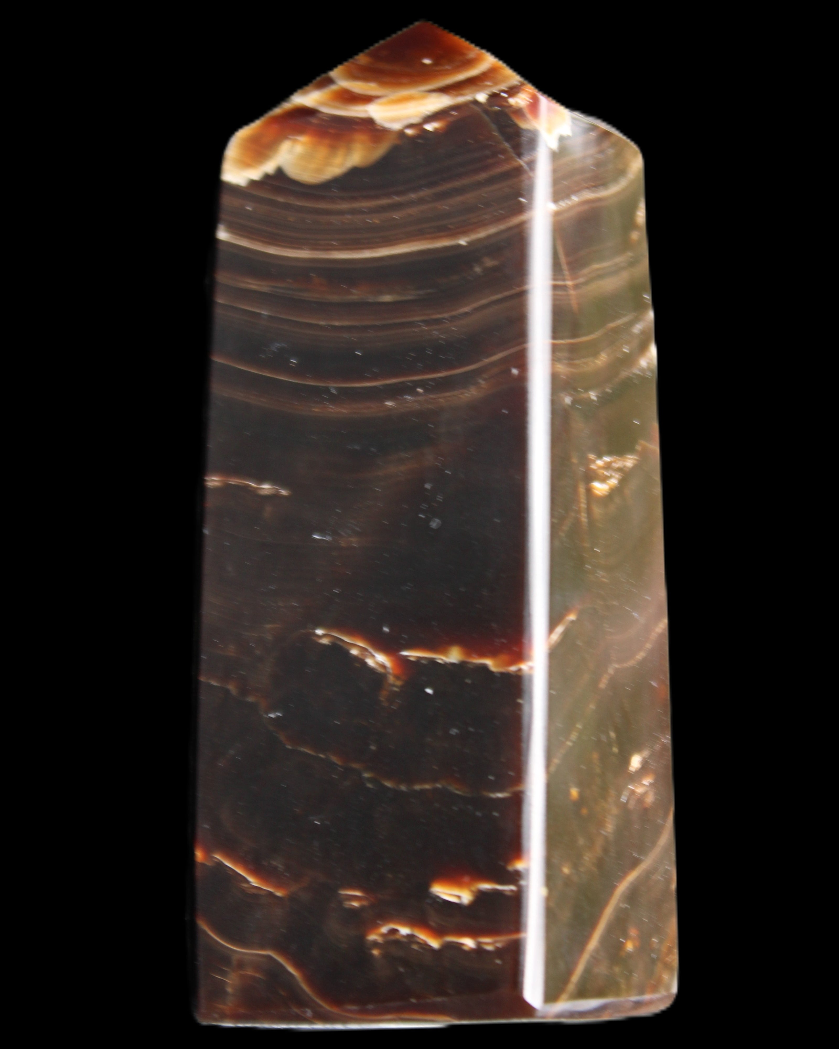 Chocolate Calcite obelisk 92*33*28mm 196g in sunlight - Rocks and Things Store