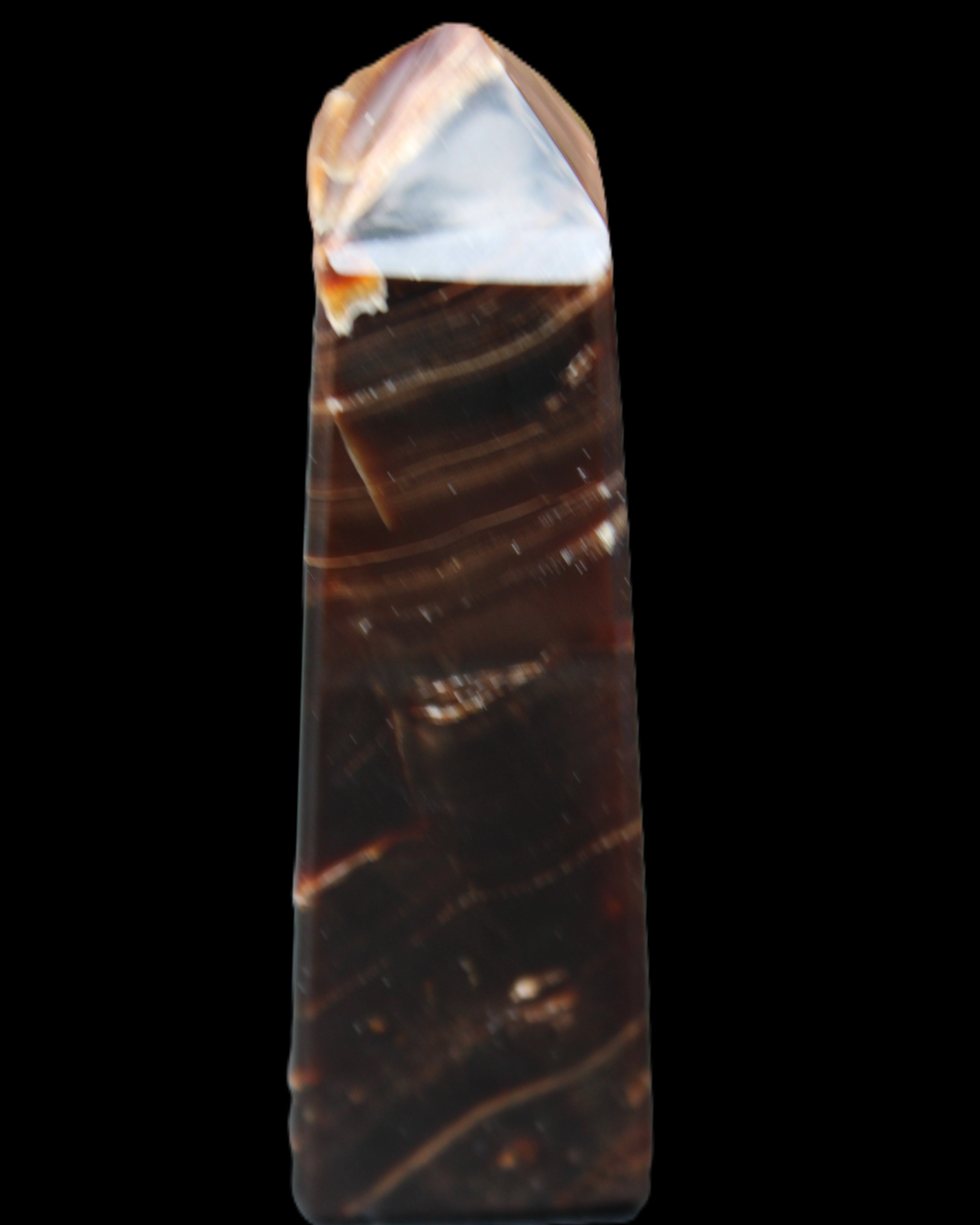 Chocolate Calcite obelisk 92*33*28mm 196g in sunlight - Rocks and Things Store