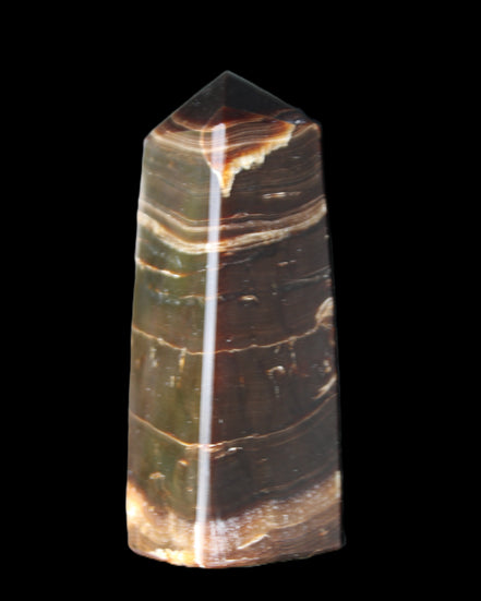 Chocolate Calcite obelisk 94*32*31mm 218g in sunlight - Rocks and Things Store