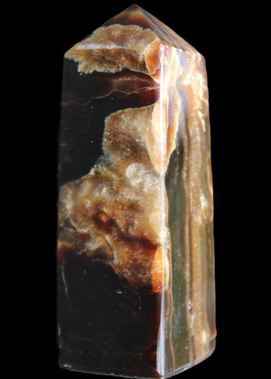 Chocolate Calcite obelisk 95*31*31mm 203g in sunlight - Rocks and Things Store