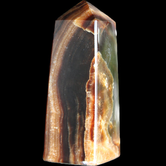 Chocolate Calcite obelisk 78*31*28mm 145g in sunlight - Rocks and Things Store