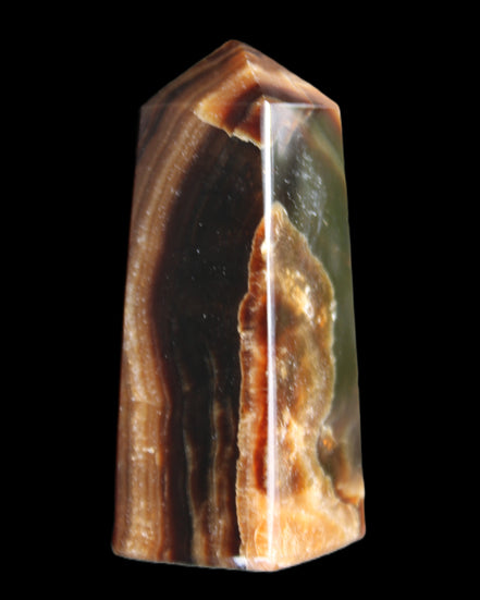 Chocolate Calcite obelisk 78*31*28mm 145g in sunlight - Rocks and Things Store
