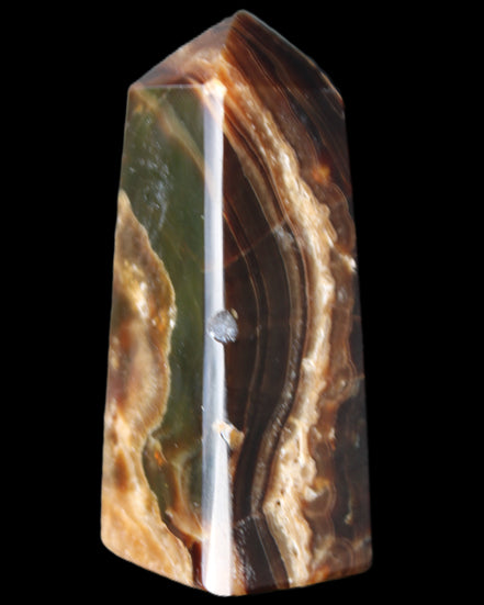 Chocolate Calcite obelisk 78*31*28mm 145g in sunlight - Rocks and Things Store