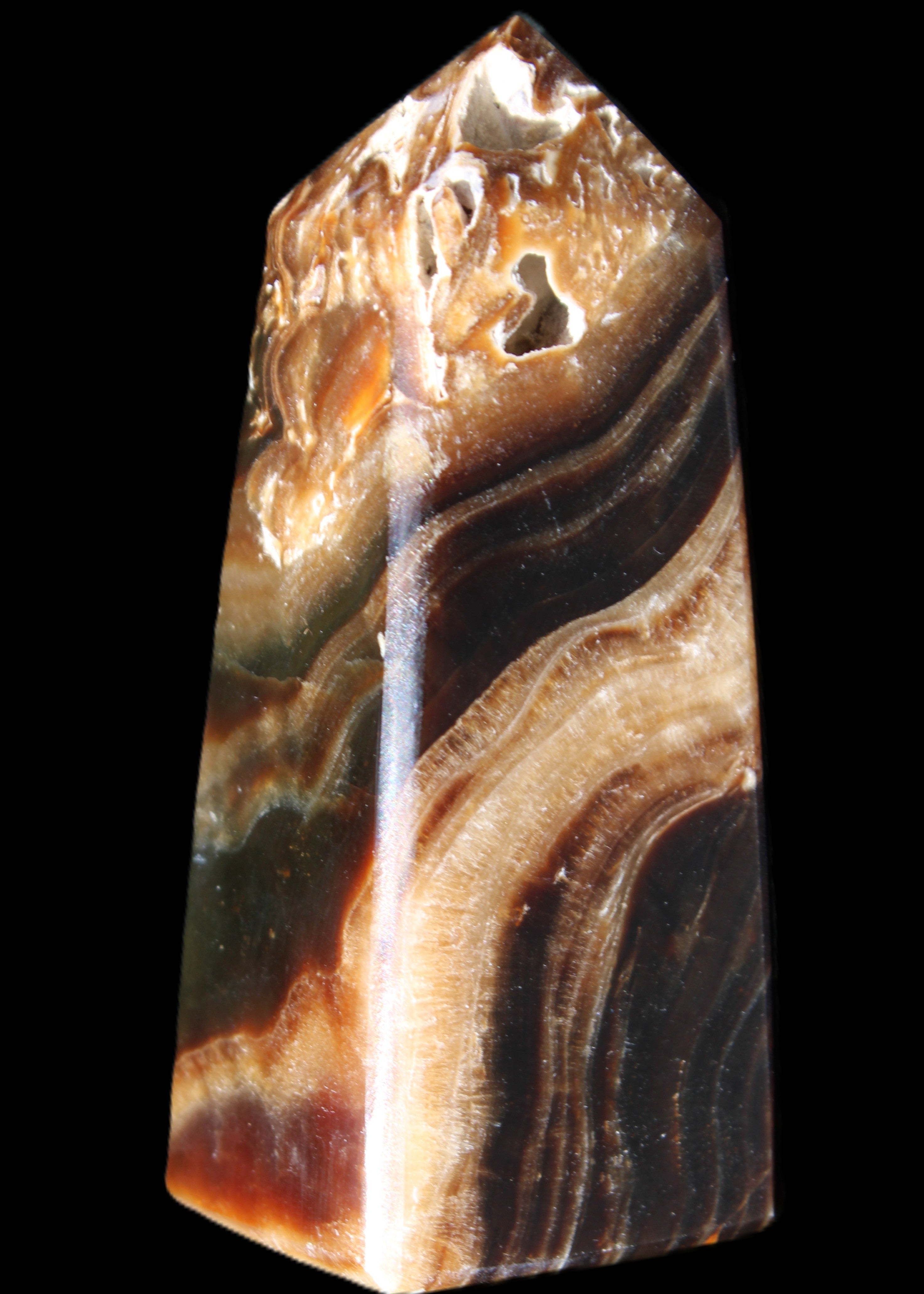 Chocolate Calcite obelisk 83*32*30mm 147.5g in sunlight - Rocks and Things Store