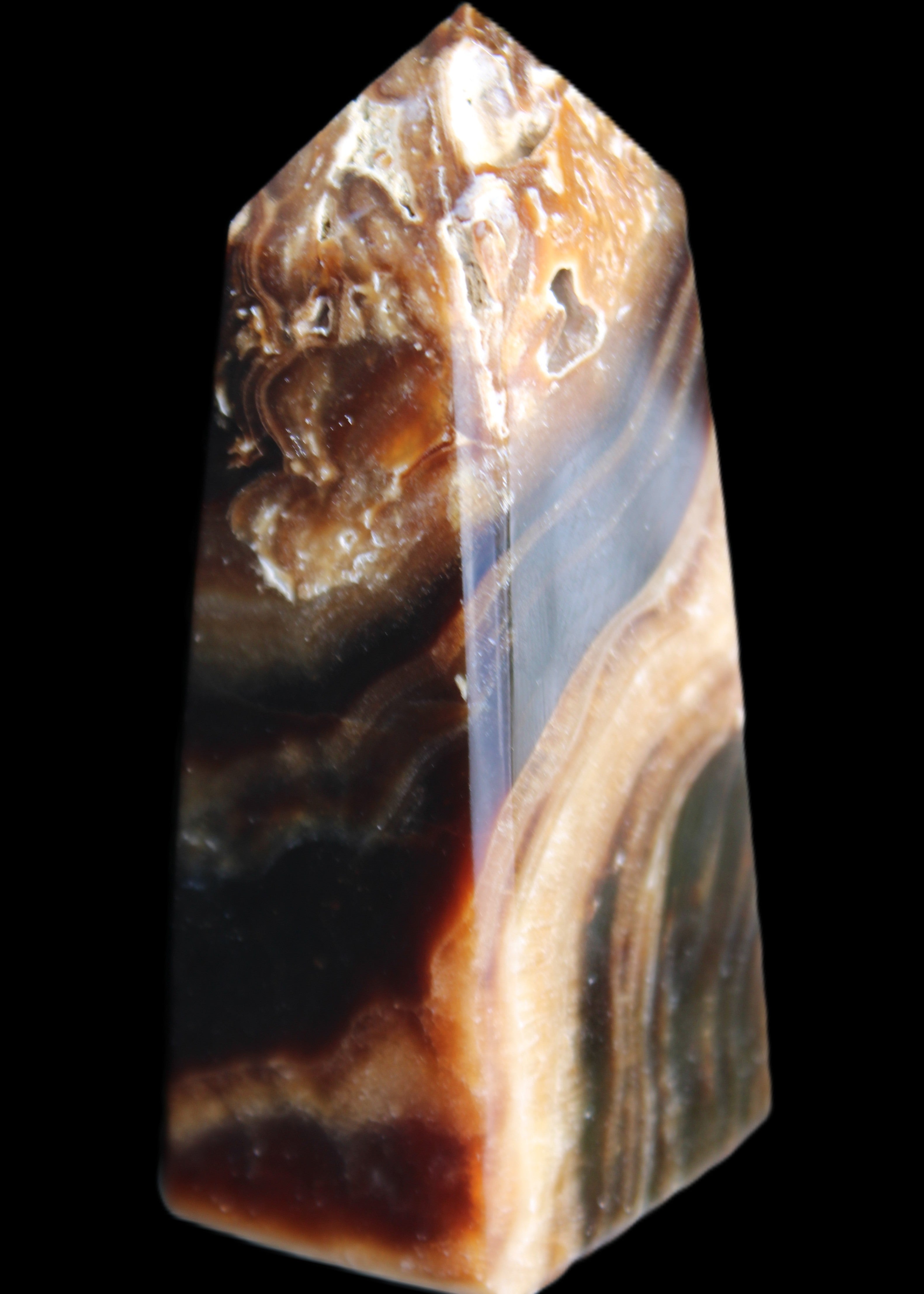 Chocolate Calcite obelisk 83*32*30mm 147.5g in sunlight - Rocks and Things Store