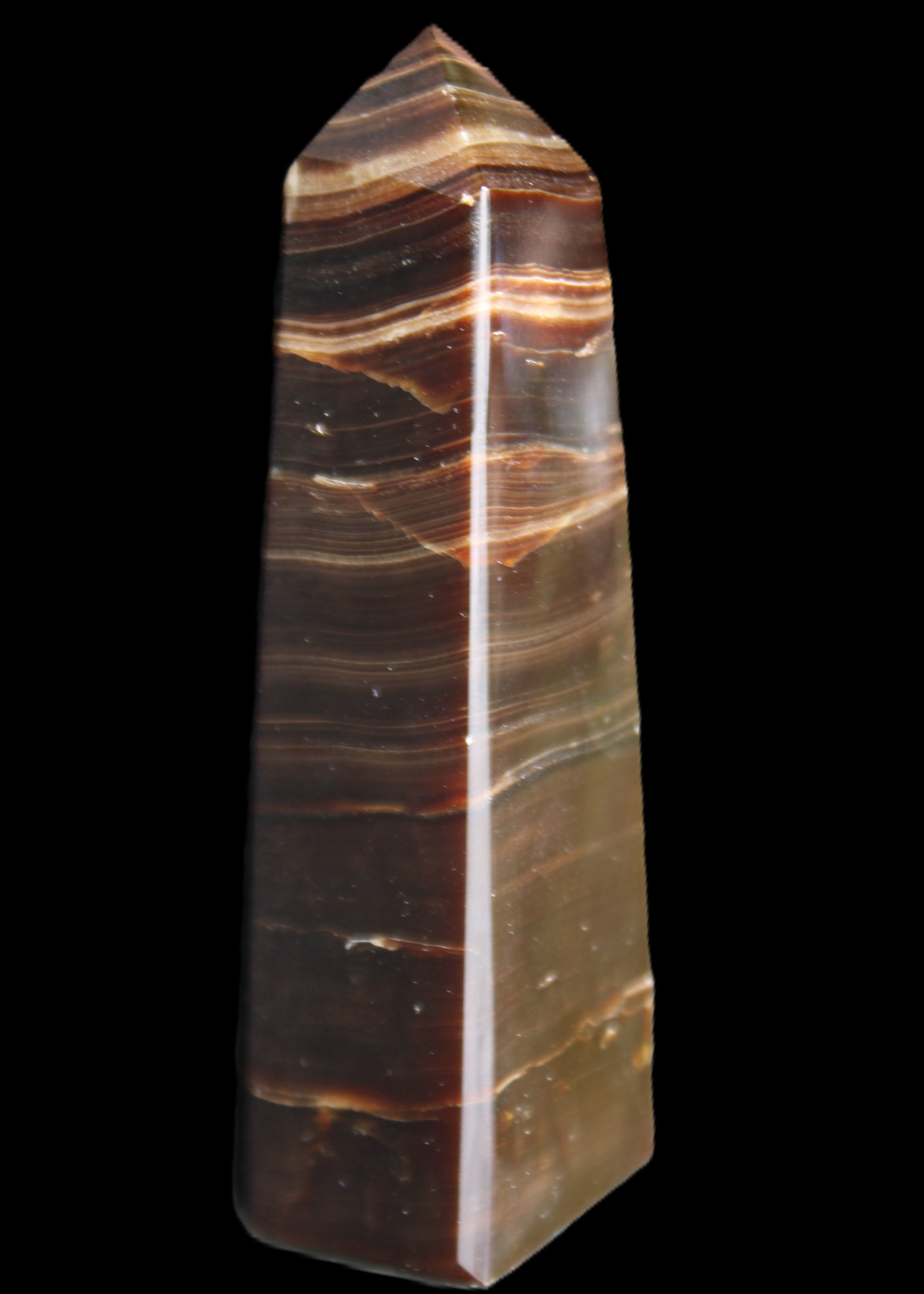Chocolate Calcite obelisk 87*24*22mm 90.8g in sunlight - Rocks and Things Store