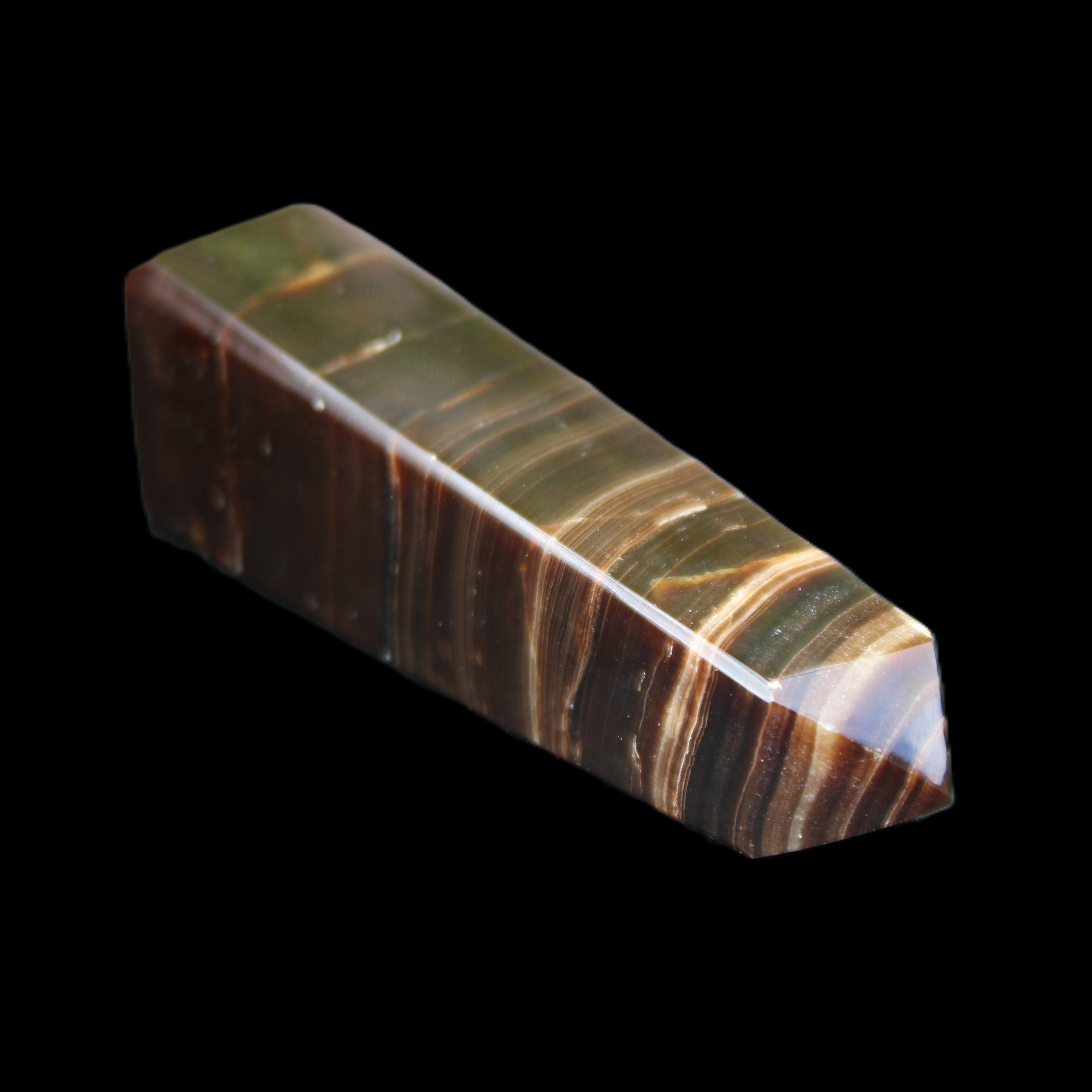 Chocolate Calcite obelisk 87*24*22mm 90.8g in sunlight - Rocks and Things Store