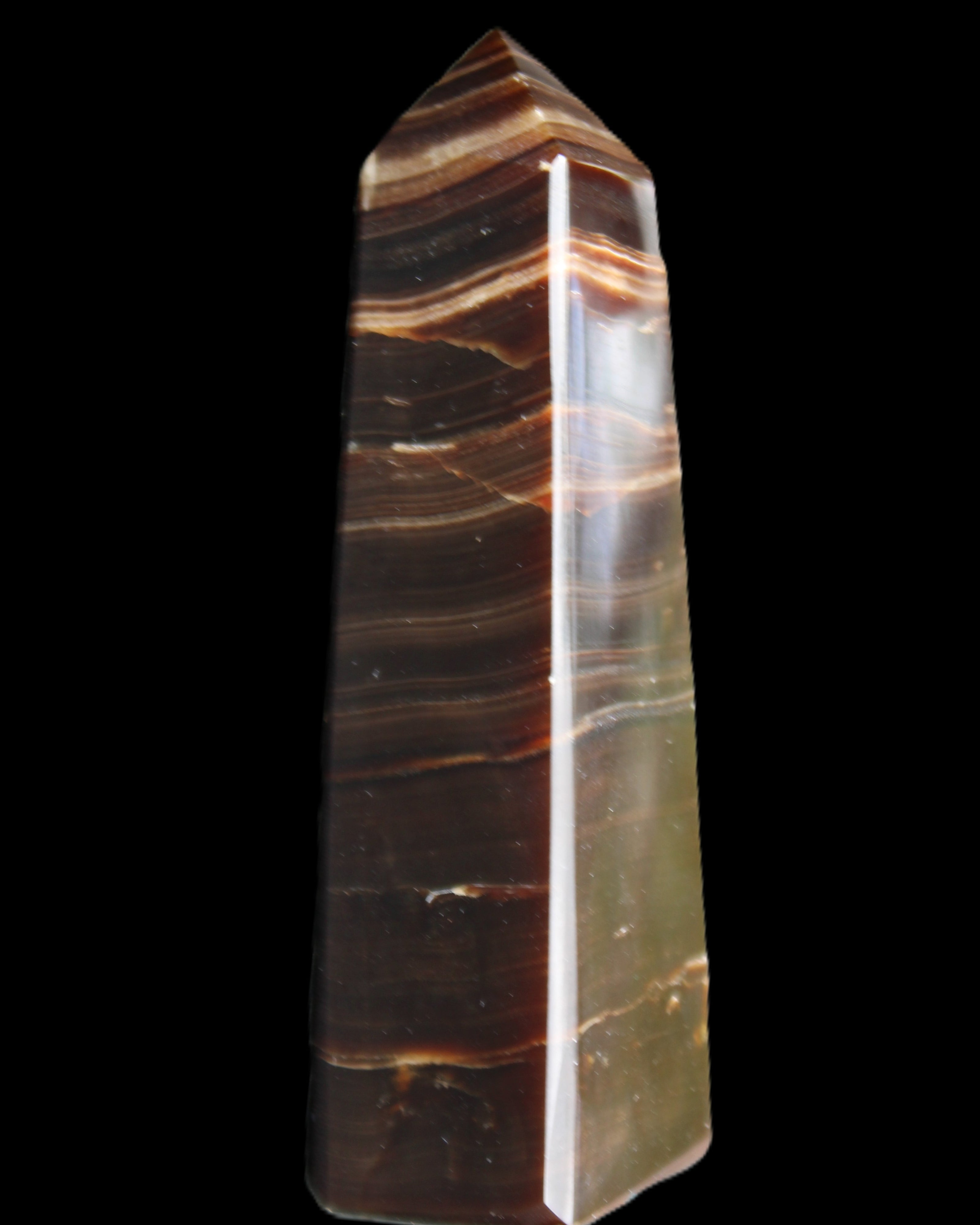 Chocolate Calcite obelisk 87*24*22mm 90.8g in sunlight - Rocks and Things Store