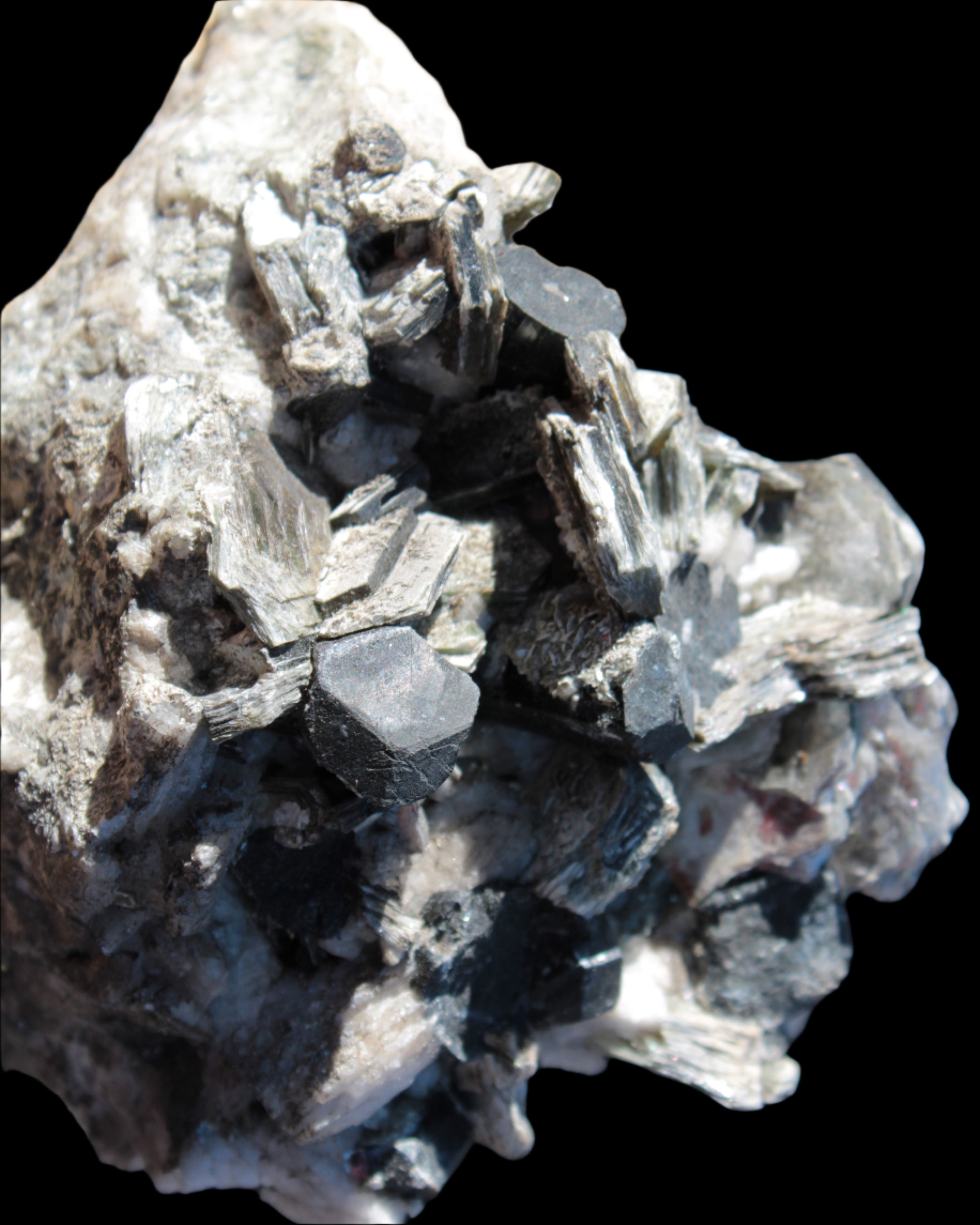 Black Tourmaline crystals massed with amazing Lepidolite sandwiches and Muscovite clusters in Feldspar matrix 800g in sunlight - Rocks and Things Store