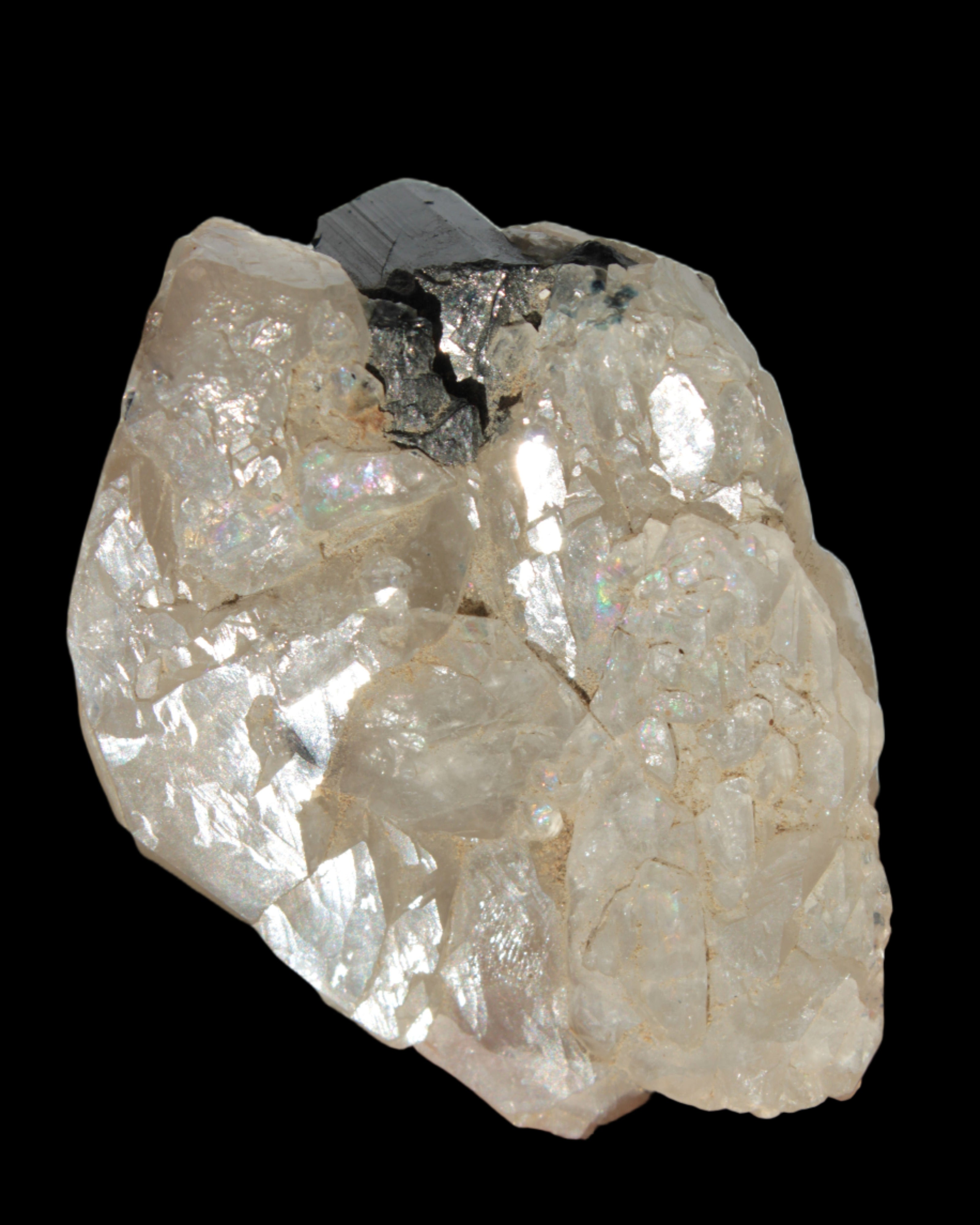 Black Tourmaline on flat-plated clear Calcite matrix from Afghanistan 65.8g in sunlight - Rocks and Things Store