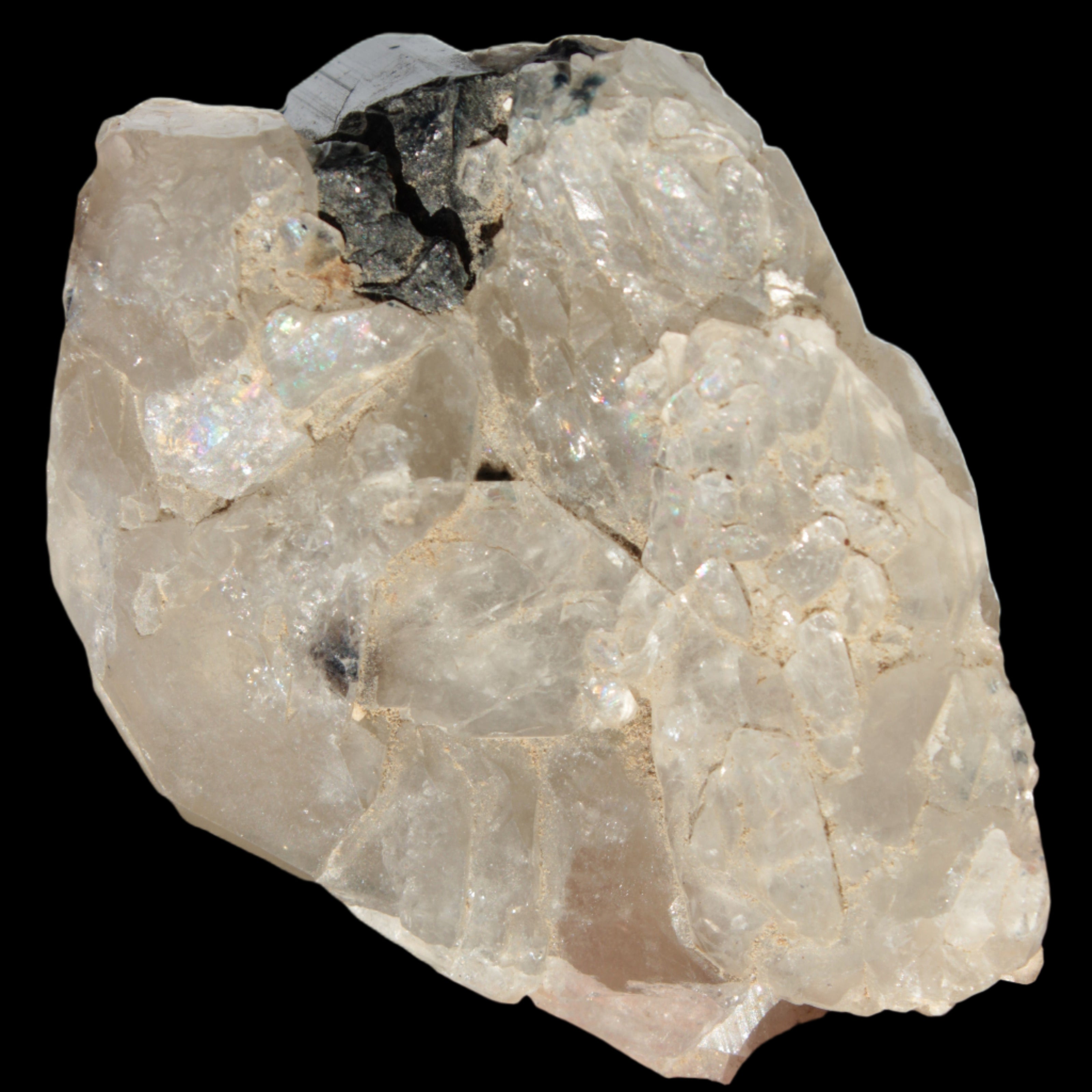 Black Tourmaline on flat-plated clear Calcite matrix from Afghanistan 65.8g in sunlight - Rocks and Things Store