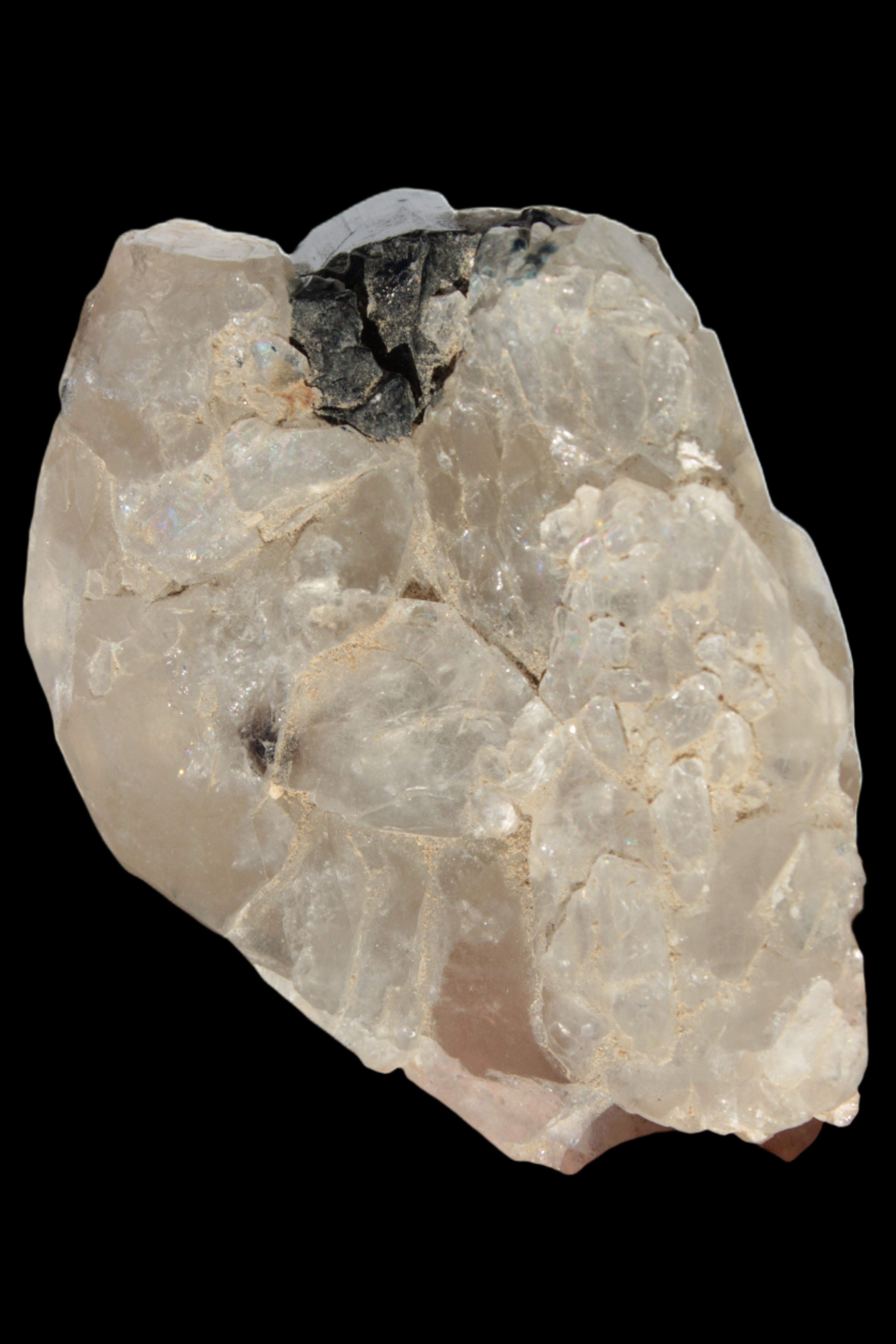 Black Tourmaline on flat-plated clear Calcite matrix from Afghanistan 65.8g in sunlight - Rocks and Things Store