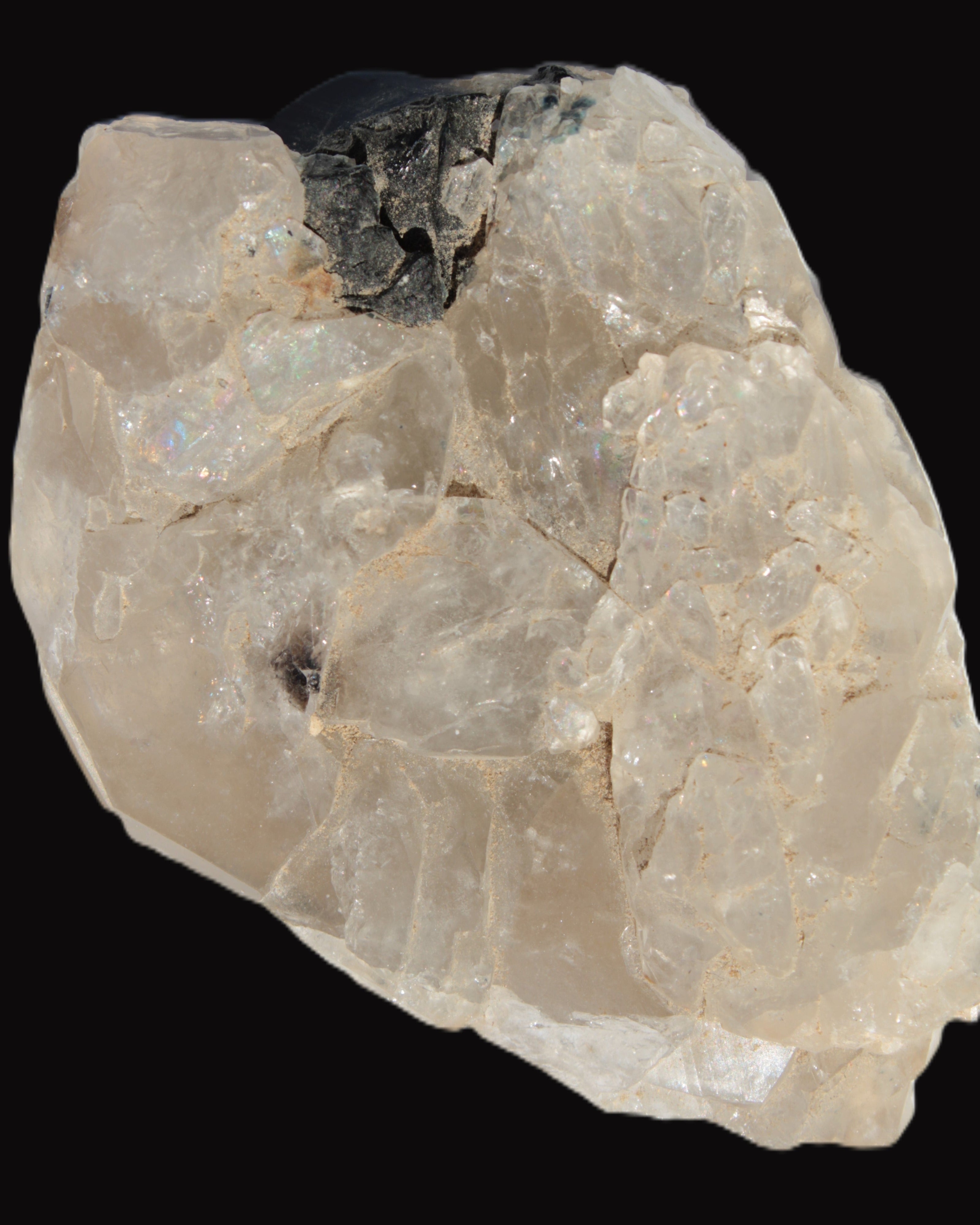 Black Tourmaline on flat-plated clear Calcite matrix from Afghanistan 65.8g in sunlight - Rocks and Things Store