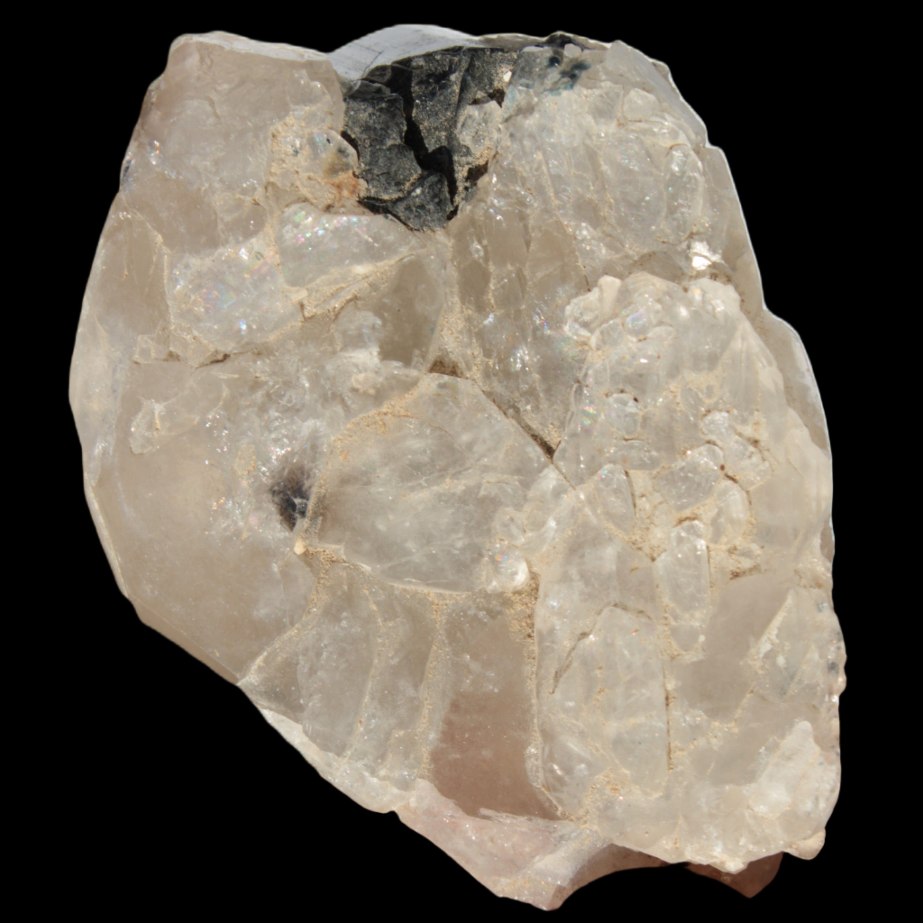 Black Tourmaline on flat-plated clear Calcite matrix from Afghanistan 65.8g in sunlight - Rocks and Things Store