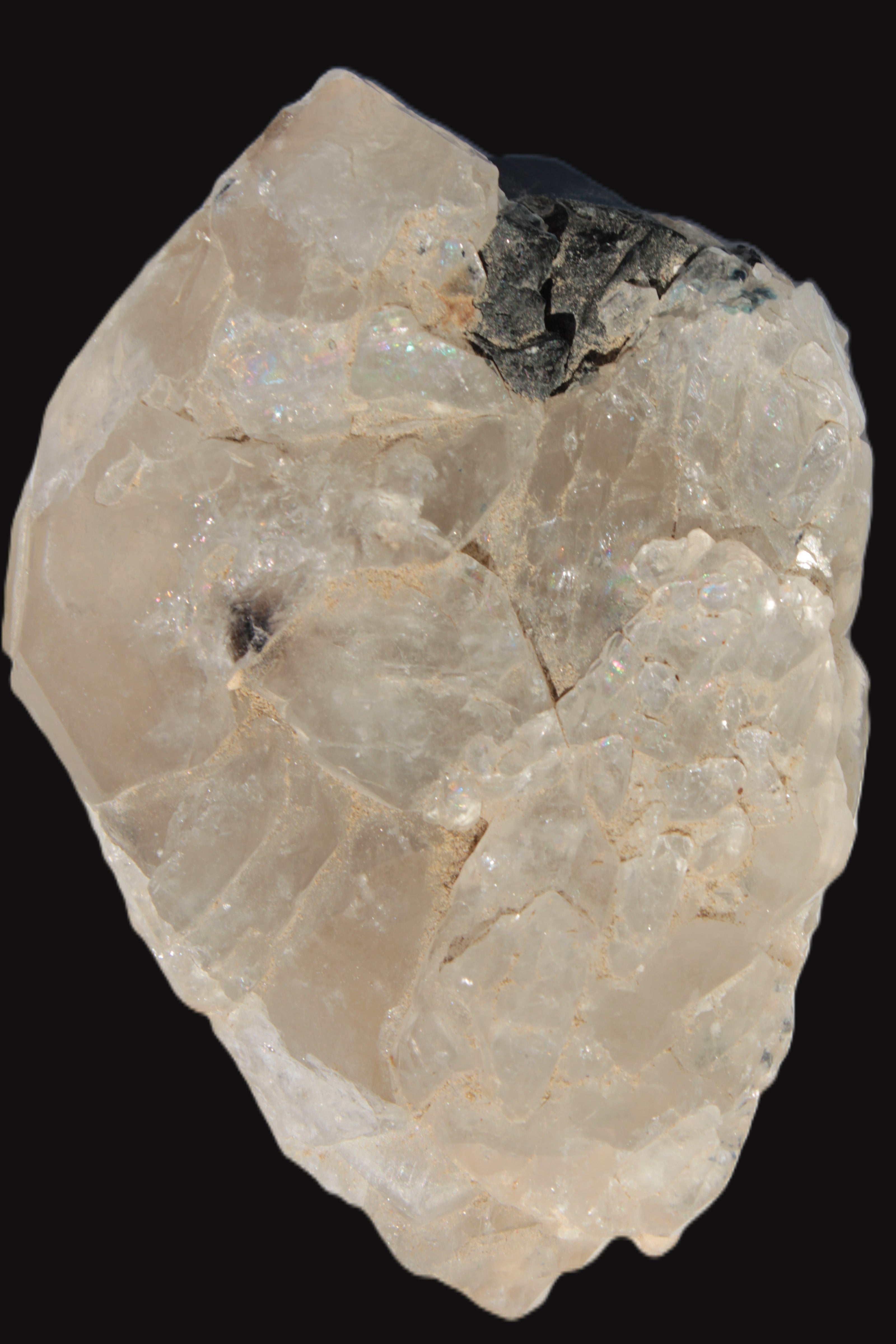 Black Tourmaline on flat-plated clear Calcite matrix from Afghanistan 65.8g in sunlight - Rocks and Things Store