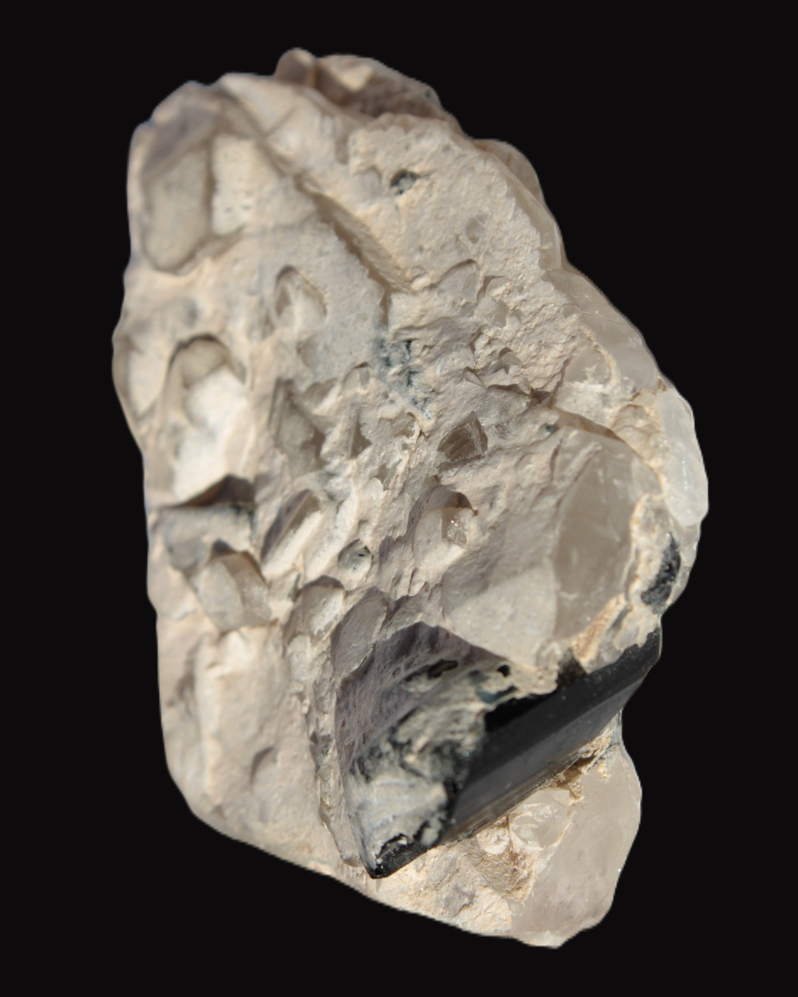 Black Tourmaline on flat-plated clear Calcite matrix from Afghanistan 65.8g in sunlight - Rocks and Things Store