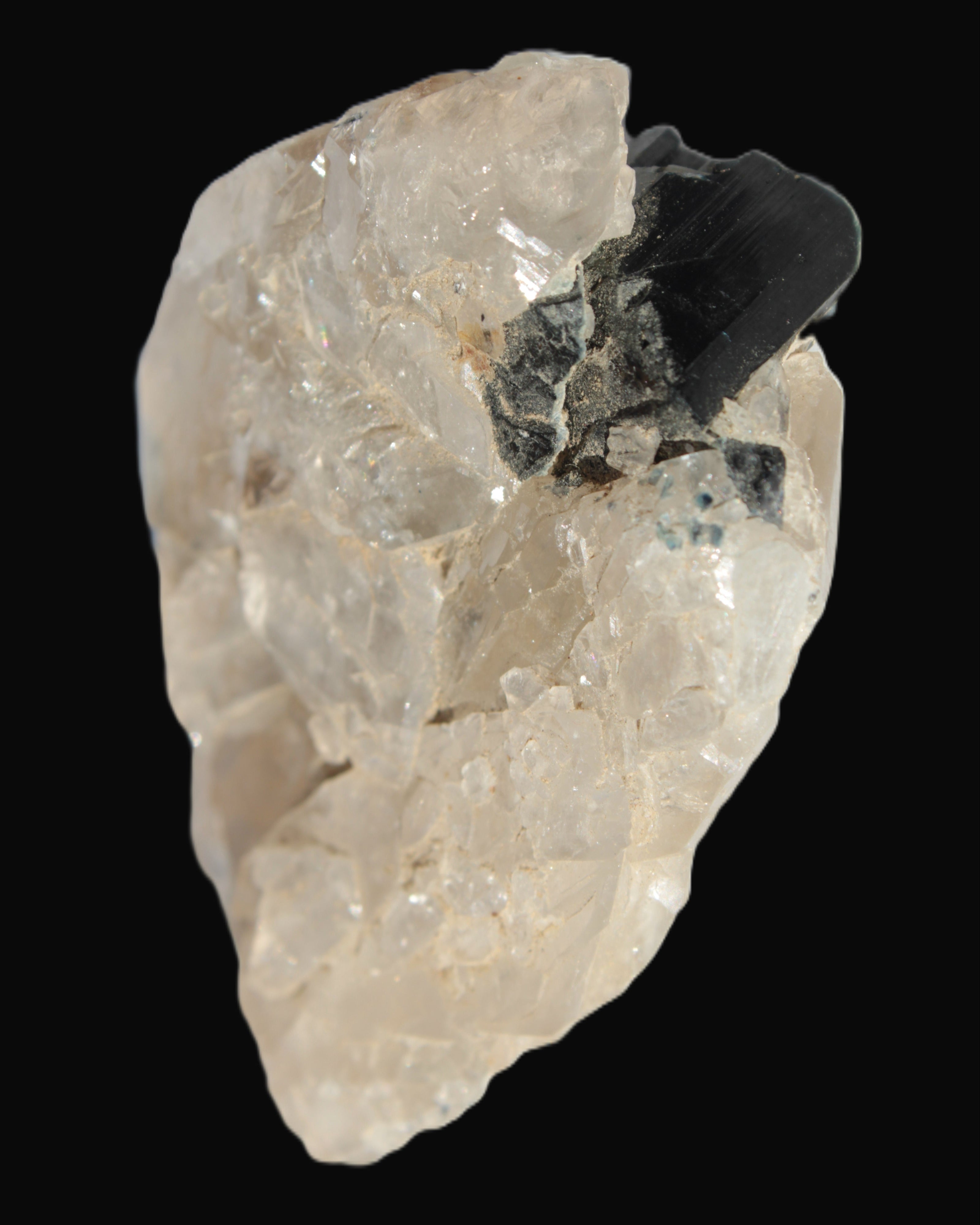 Black Tourmaline on flat-plated clear Calcite matrix from Afghanistan 65.8g in sunlight - Rocks and Things Store
