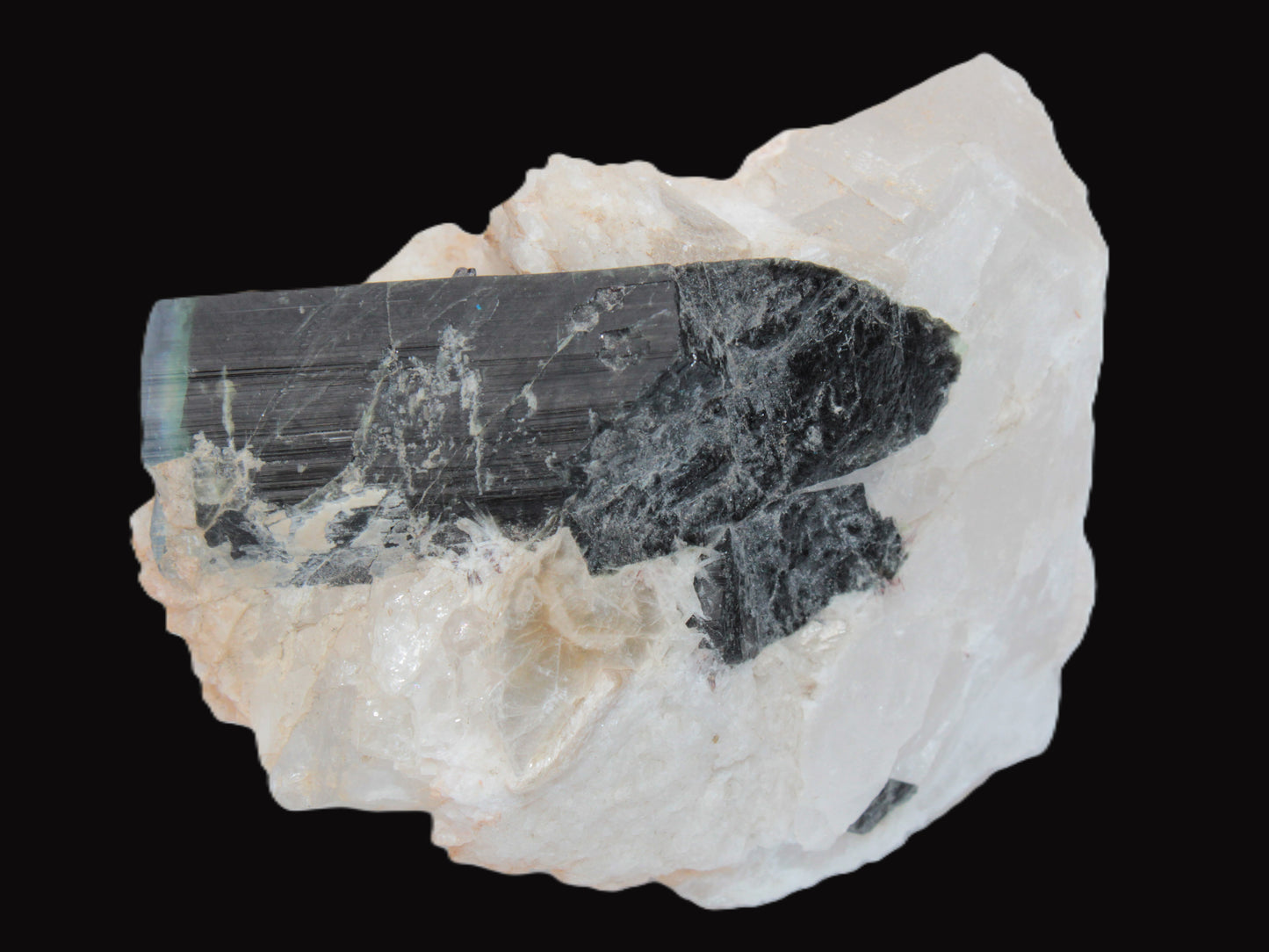 Large bi-colour terminated Green Tourmaline, Clear Aquamarine & Lepidolite on Calcite 118.9g Rocks and Things