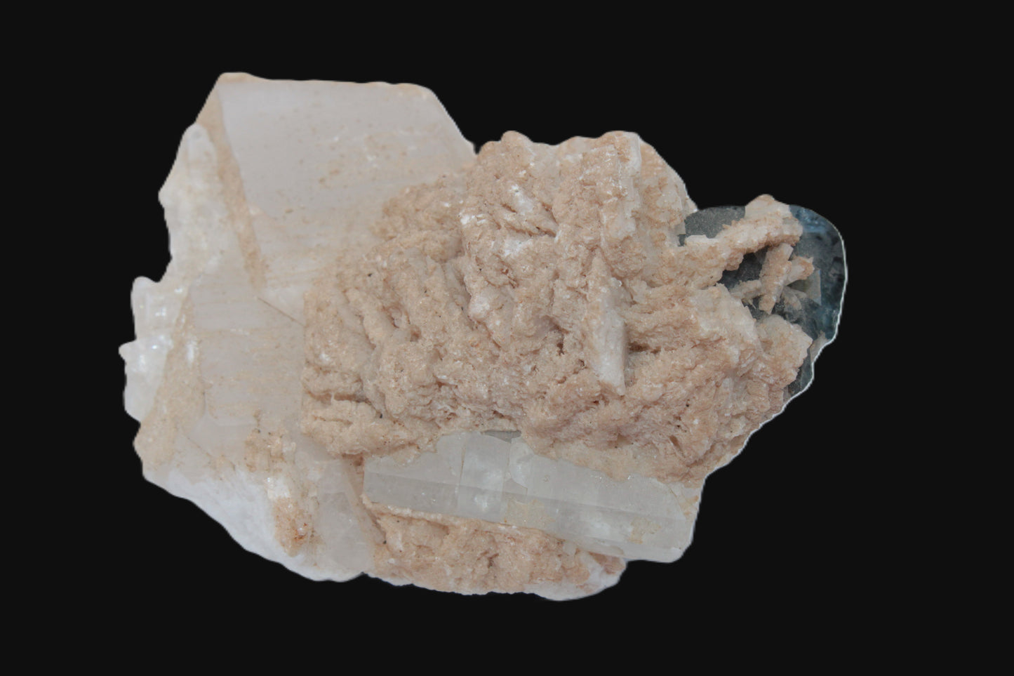 Large bi-colour terminated Green Tourmaline, Clear Aquamarine & Lepidolite on Calcite 118.9g Rocks and Things