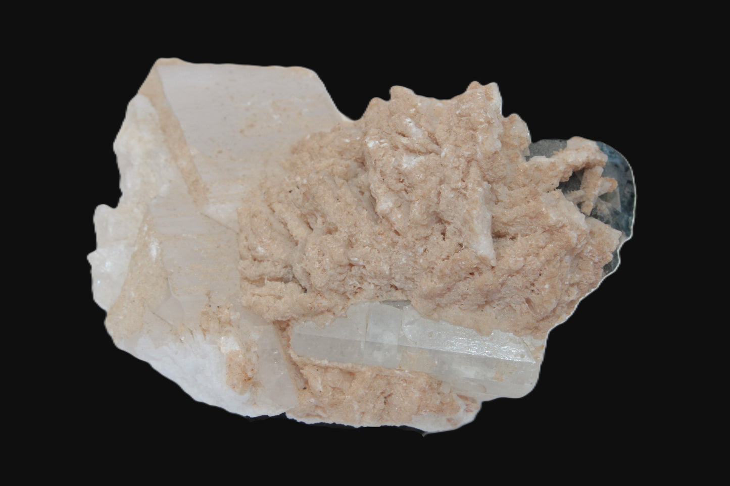 Large bi-colour terminated Green Tourmaline, Clear Aquamarine & Lepidolite on Calcite 118.9g Rocks and Things