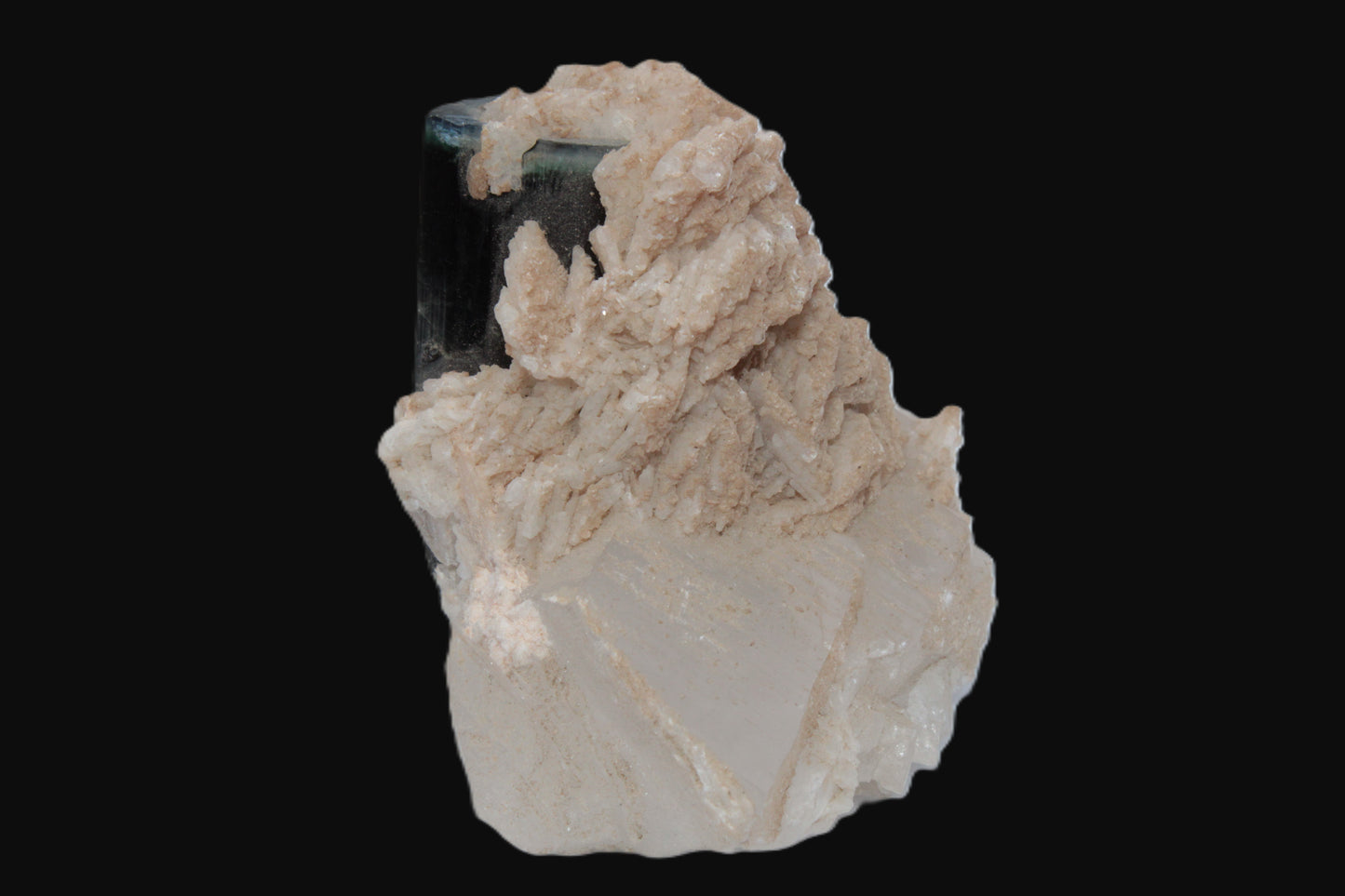 Large bi-colour terminated Green Tourmaline, Clear Aquamarine & Lepidolite on Calcite 118.9g Rocks and Things