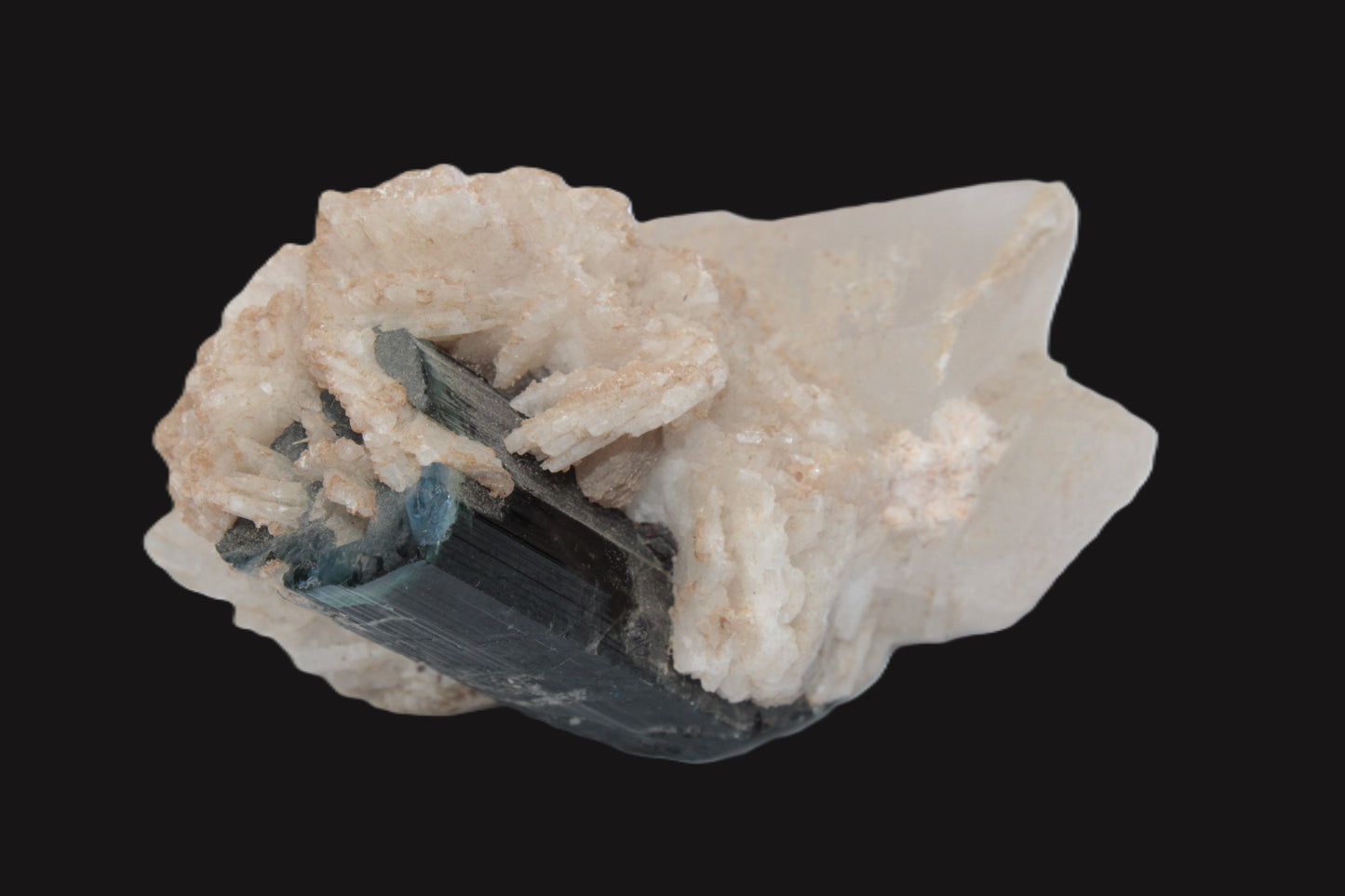 Large bi-colour terminated Green Tourmaline, Clear Aquamarine & Lepidolite on Calcite 118.9g Rocks and Things