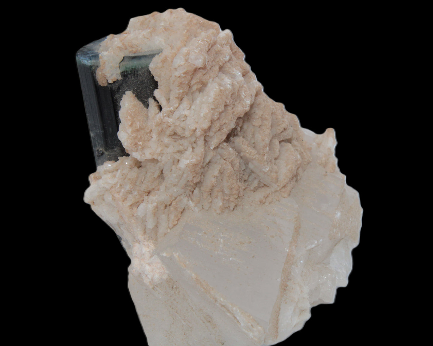 Large bi-colour terminated Green Tourmaline, Clear Aquamarine & Lepidolite on Calcite 118.9g Rocks and Things
