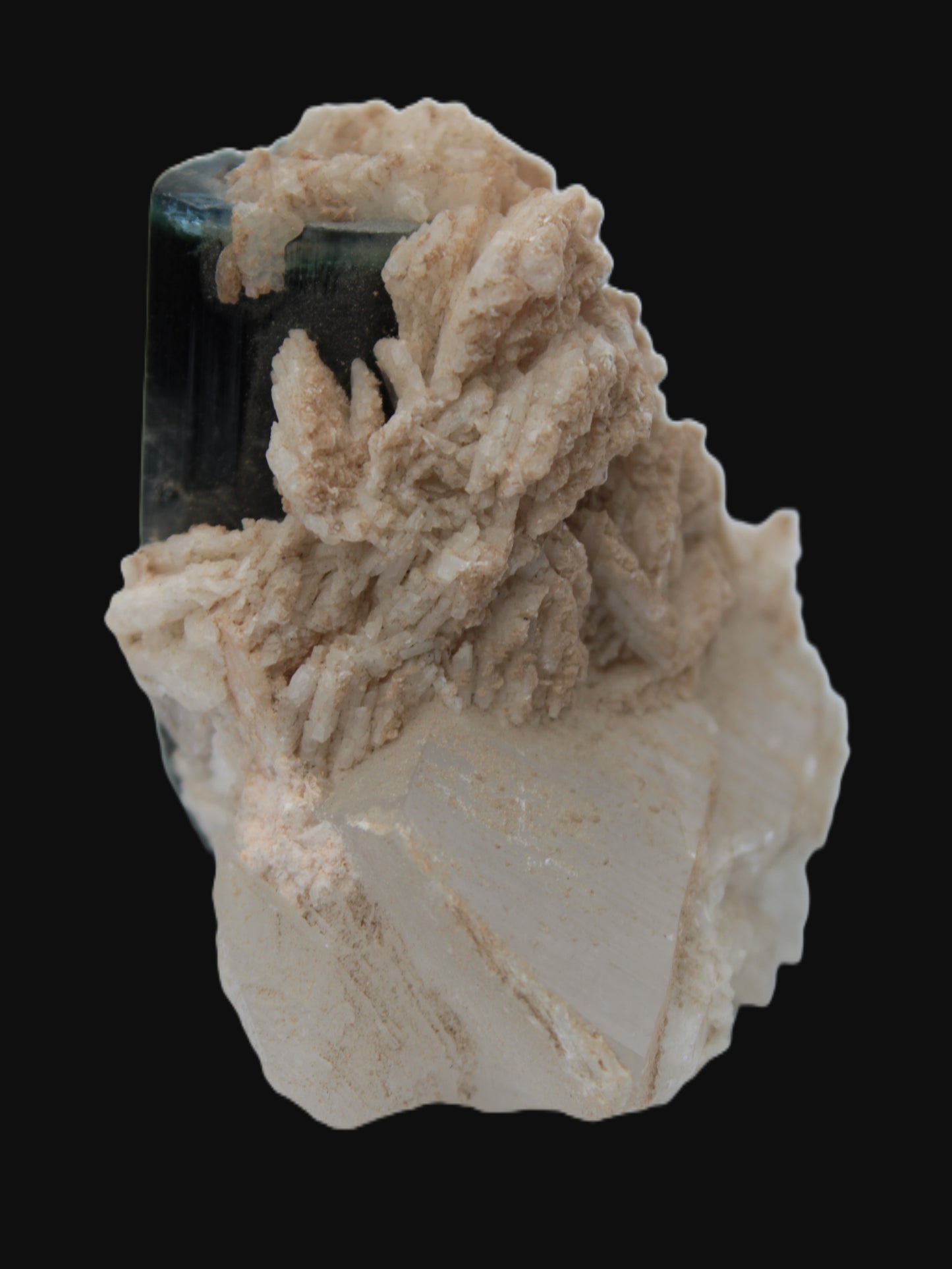 Large bi-colour terminated Green Tourmaline, Clear Aquamarine & Lepidolite on Calcite 118.9g Rocks and Things