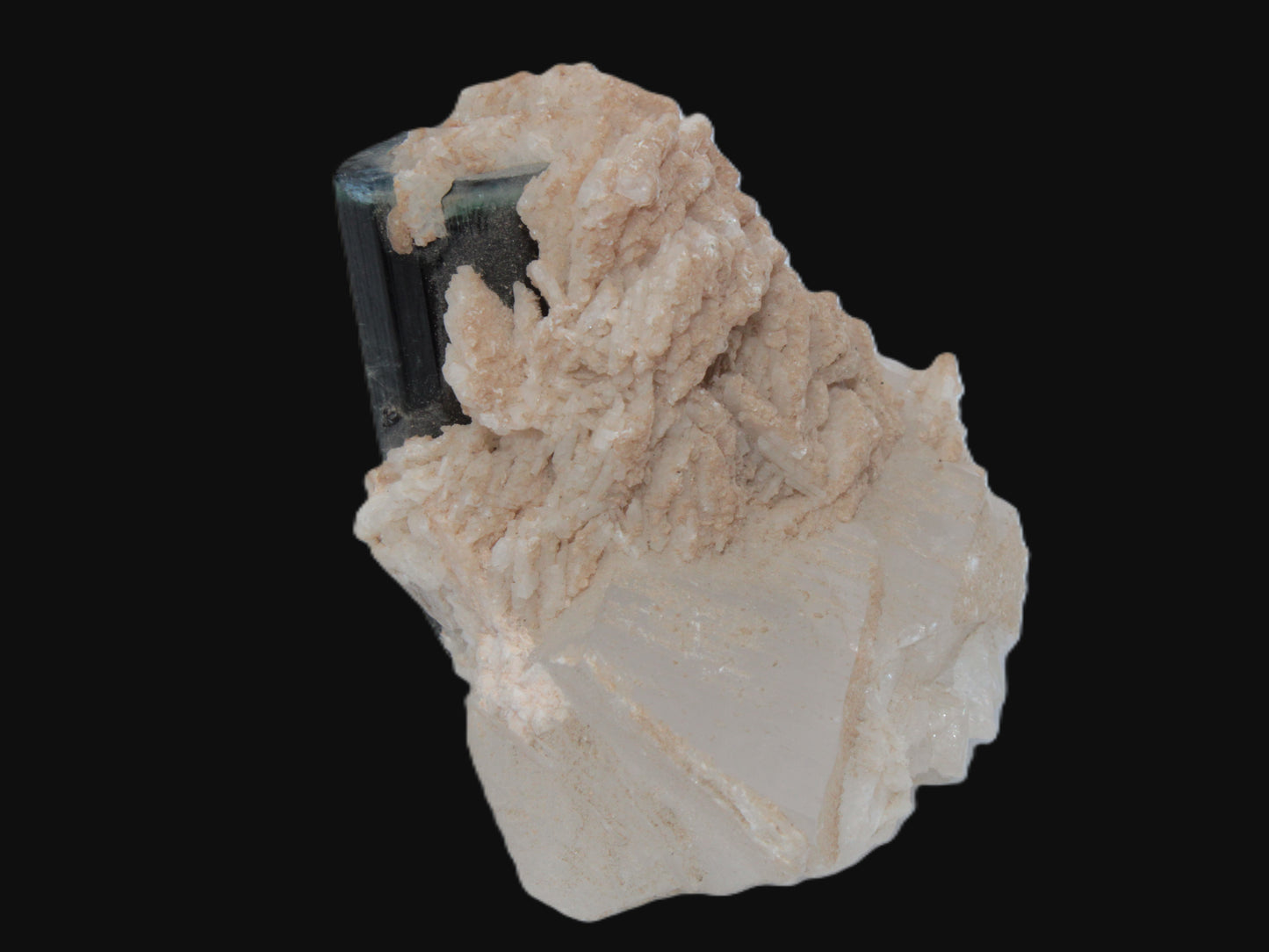 Large bi-colour terminated Green Tourmaline, Clear Aquamarine & Lepidolite on Calcite 118.9g Rocks and Things