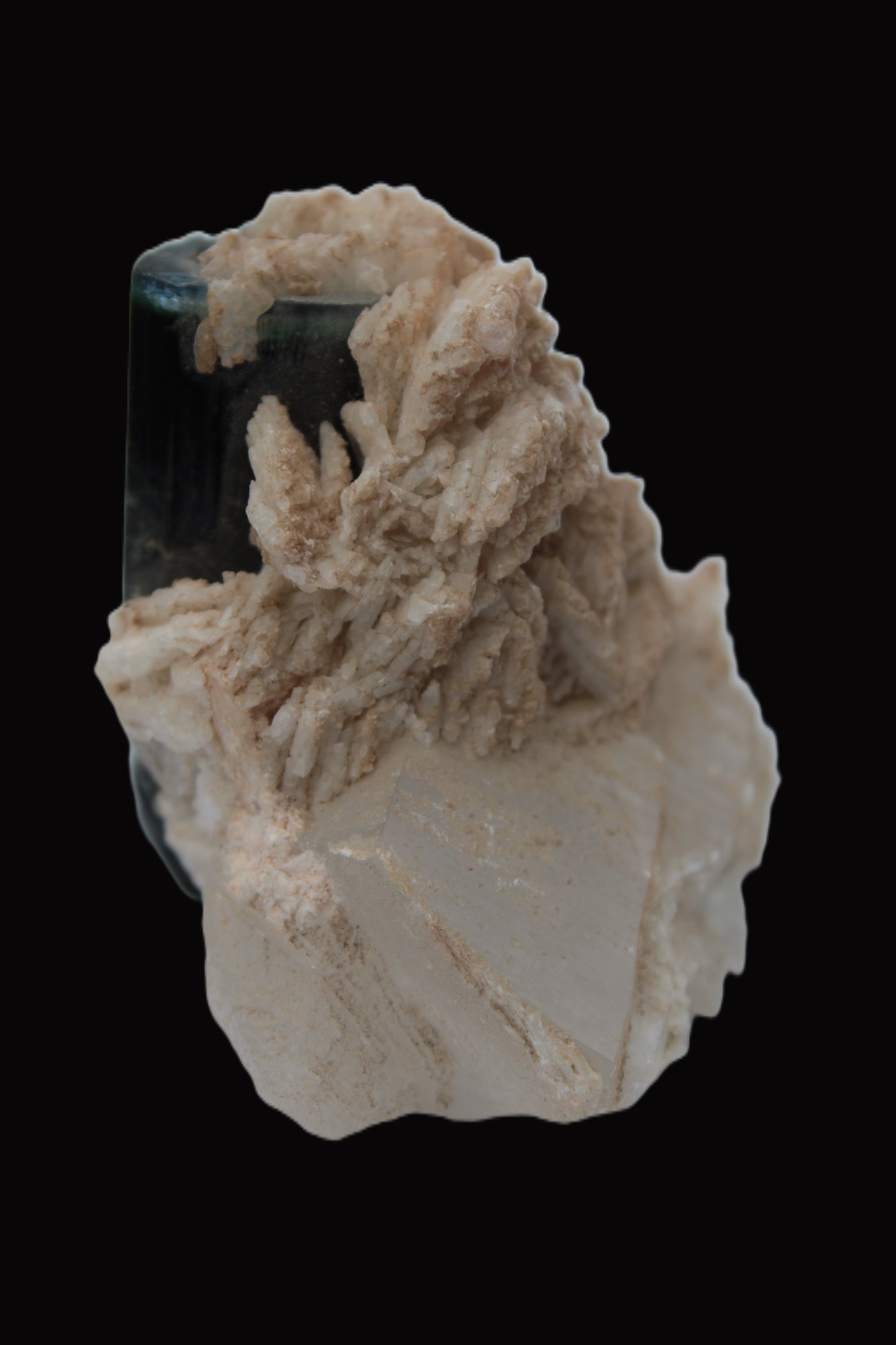Large bi-colour terminated Green Tourmaline, Clear Aquamarine & Lepidolite on Calcite 118.9g Rocks and Things