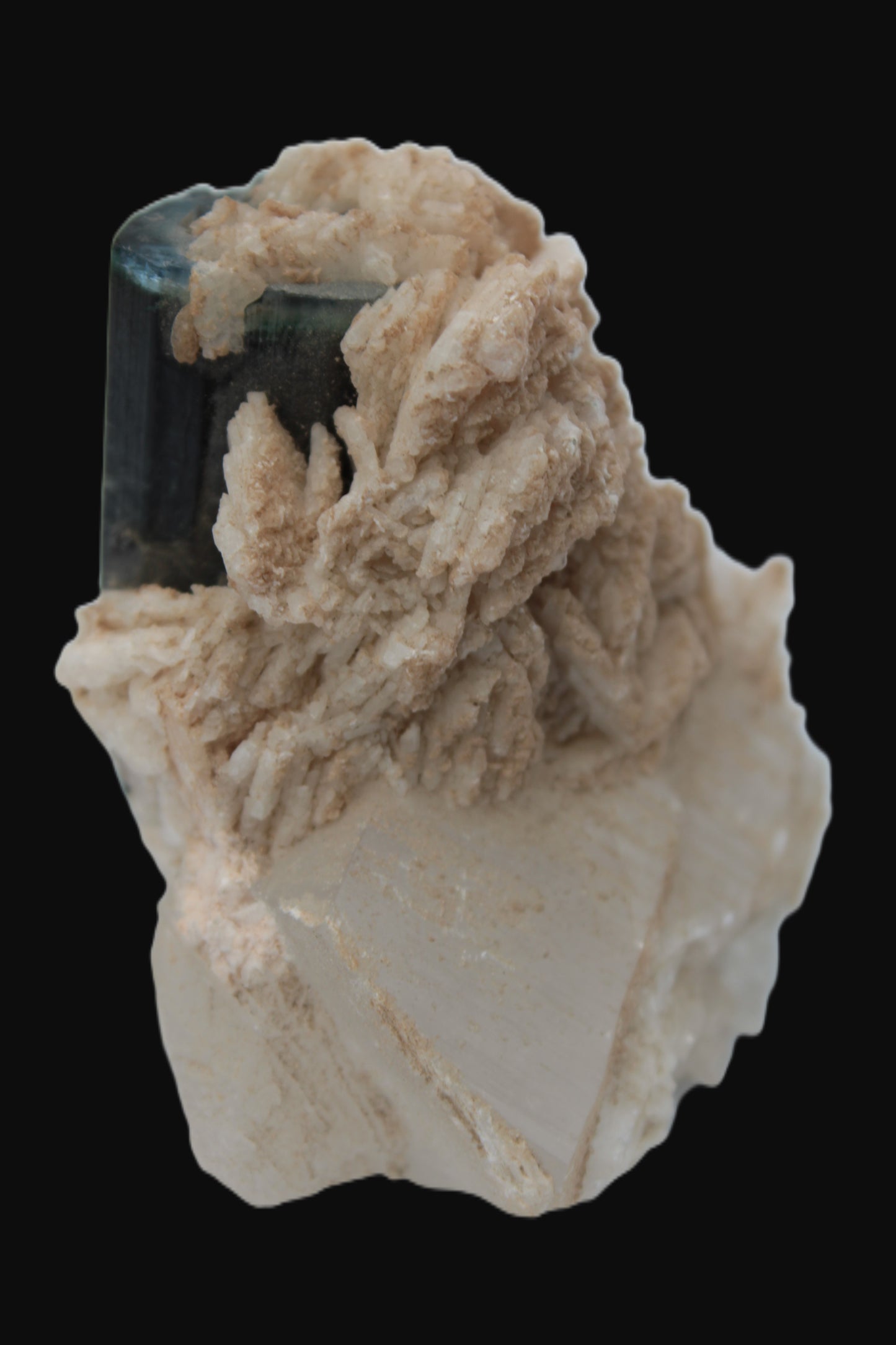 Large bi-colour terminated Green Tourmaline, Clear Aquamarine & Lepidolite on Calcite 118.9g Rocks and Things