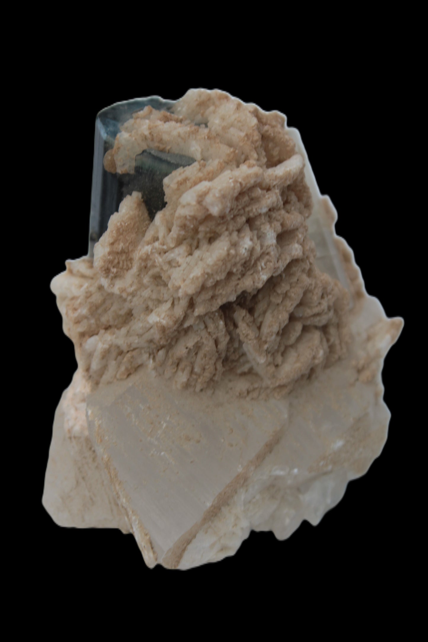 Large bi-colour terminated Green Tourmaline, Clear Aquamarine & Lepidolite on Calcite 118.9g Rocks and Things