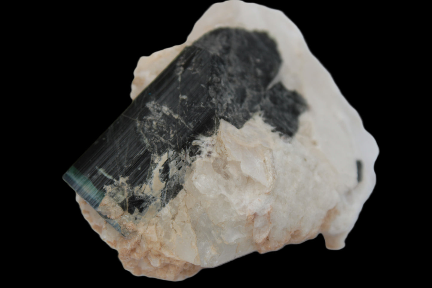 Large bi-colour terminated Green Tourmaline, Clear Aquamarine & Lepidolite on Calcite 118.9g Rocks and Things