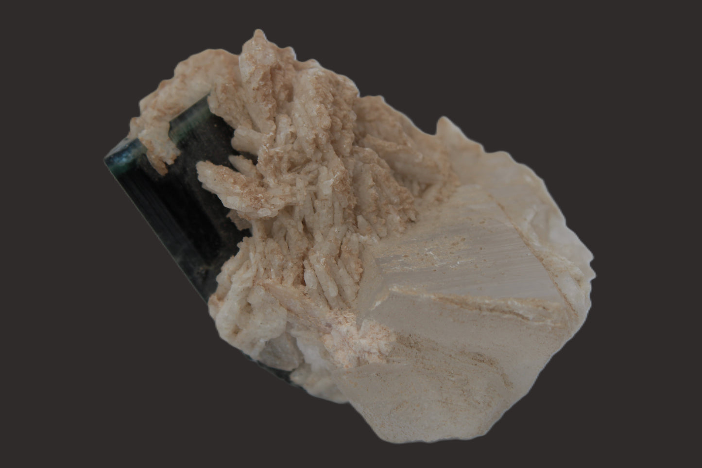 Large bi-colour terminated Green Tourmaline, Clear Aquamarine & Lepidolite on Calcite 118.9g Rocks and Things