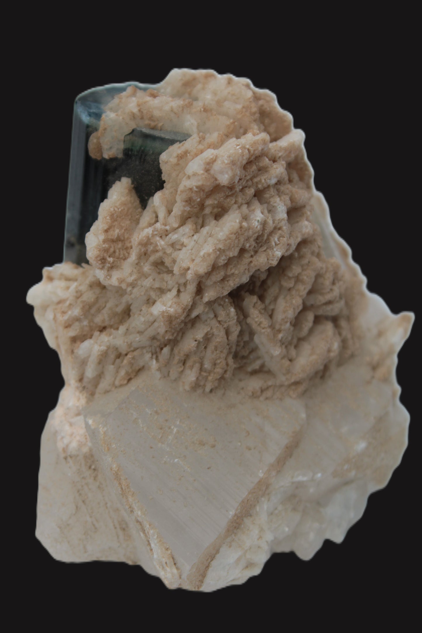 Large bi-colour terminated Green Tourmaline, Clear Aquamarine & Lepidolite on Calcite 118.9g Rocks and Things