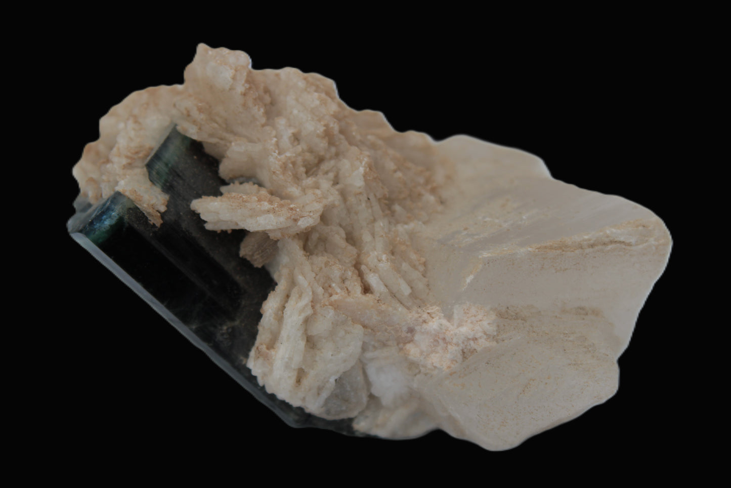 Large bi-colour terminated Green Tourmaline, Clear Aquamarine & Lepidolite on Calcite 118.9g Rocks and Things