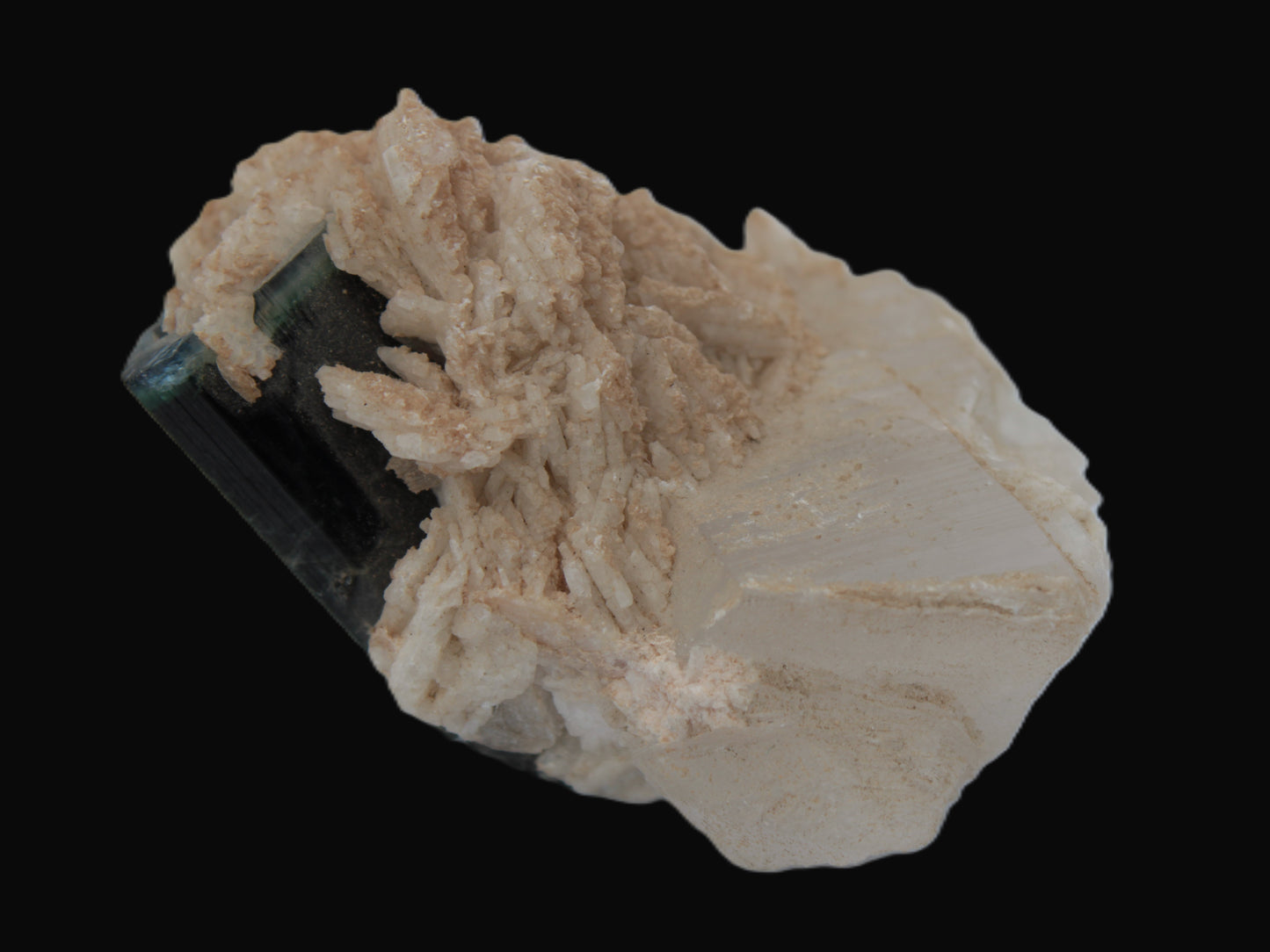 Large bi-colour terminated Green Tourmaline, Clear Aquamarine & Lepidolite on Calcite 118.9g Rocks and Things