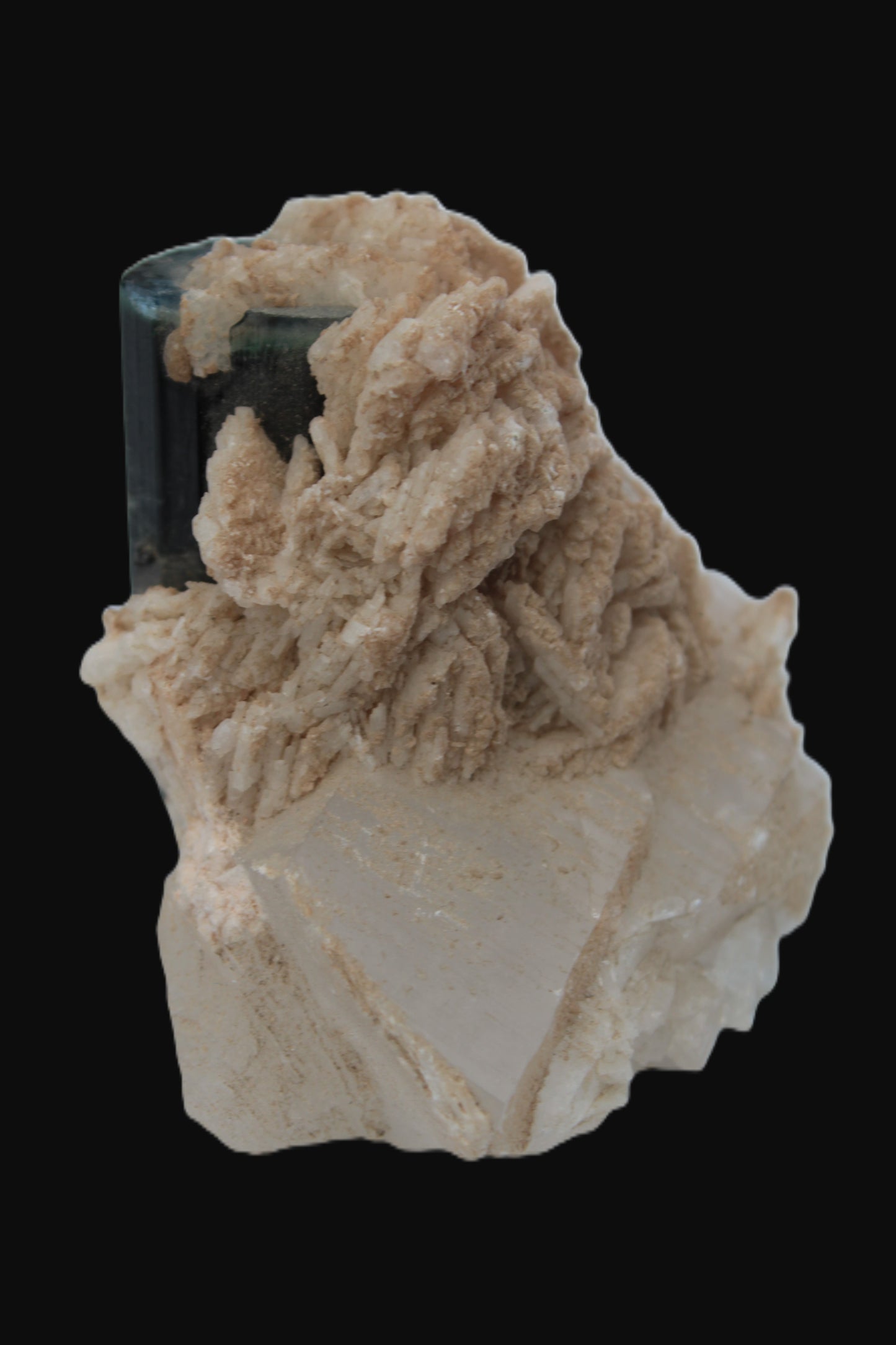 Large bi-colour terminated Green Tourmaline, Clear Aquamarine & Lepidolite on Calcite 118.9g Rocks and Things