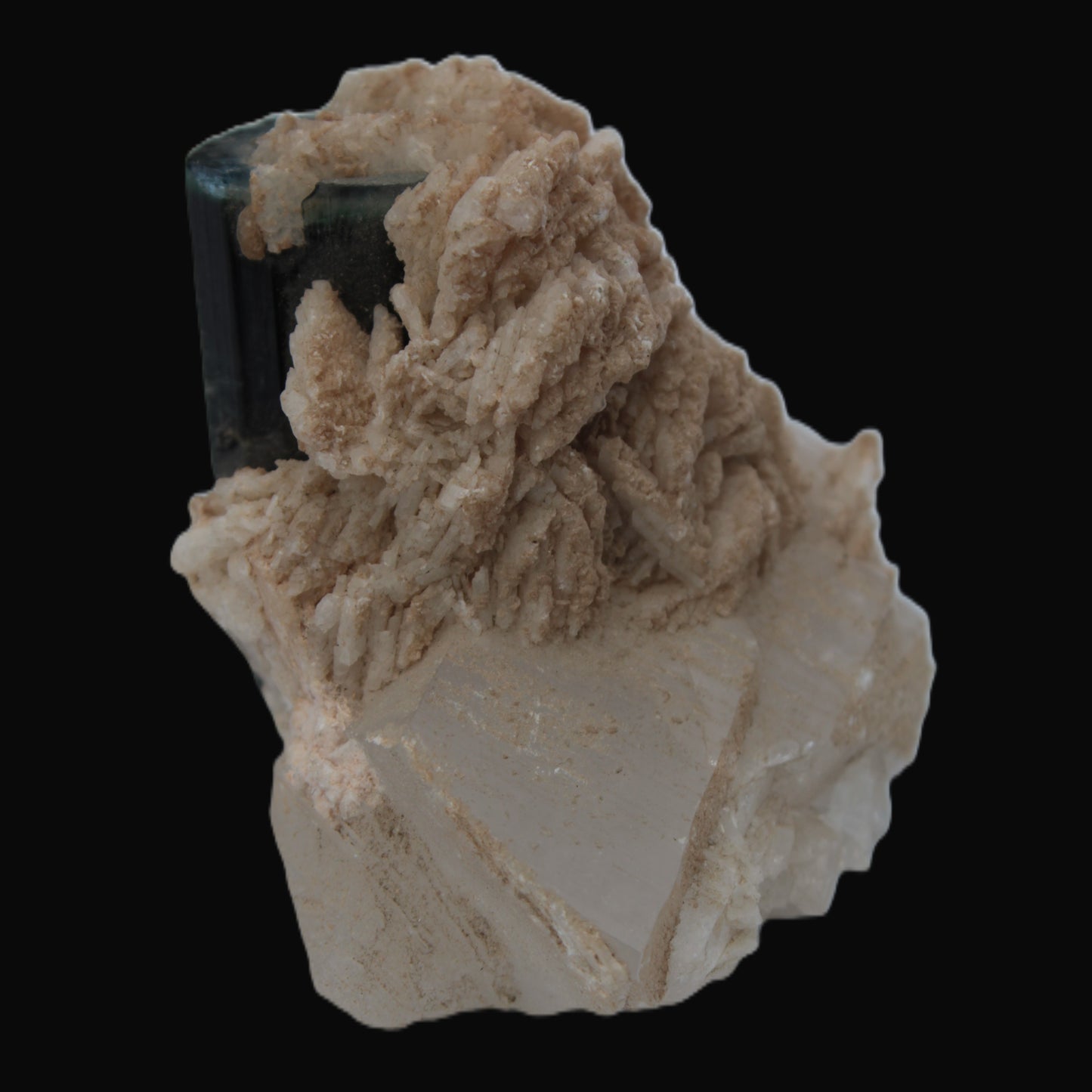 Large bi-colour terminated Green Tourmaline, Clear Aquamarine & Lepidolite on Calcite 118.9g Rocks and Things