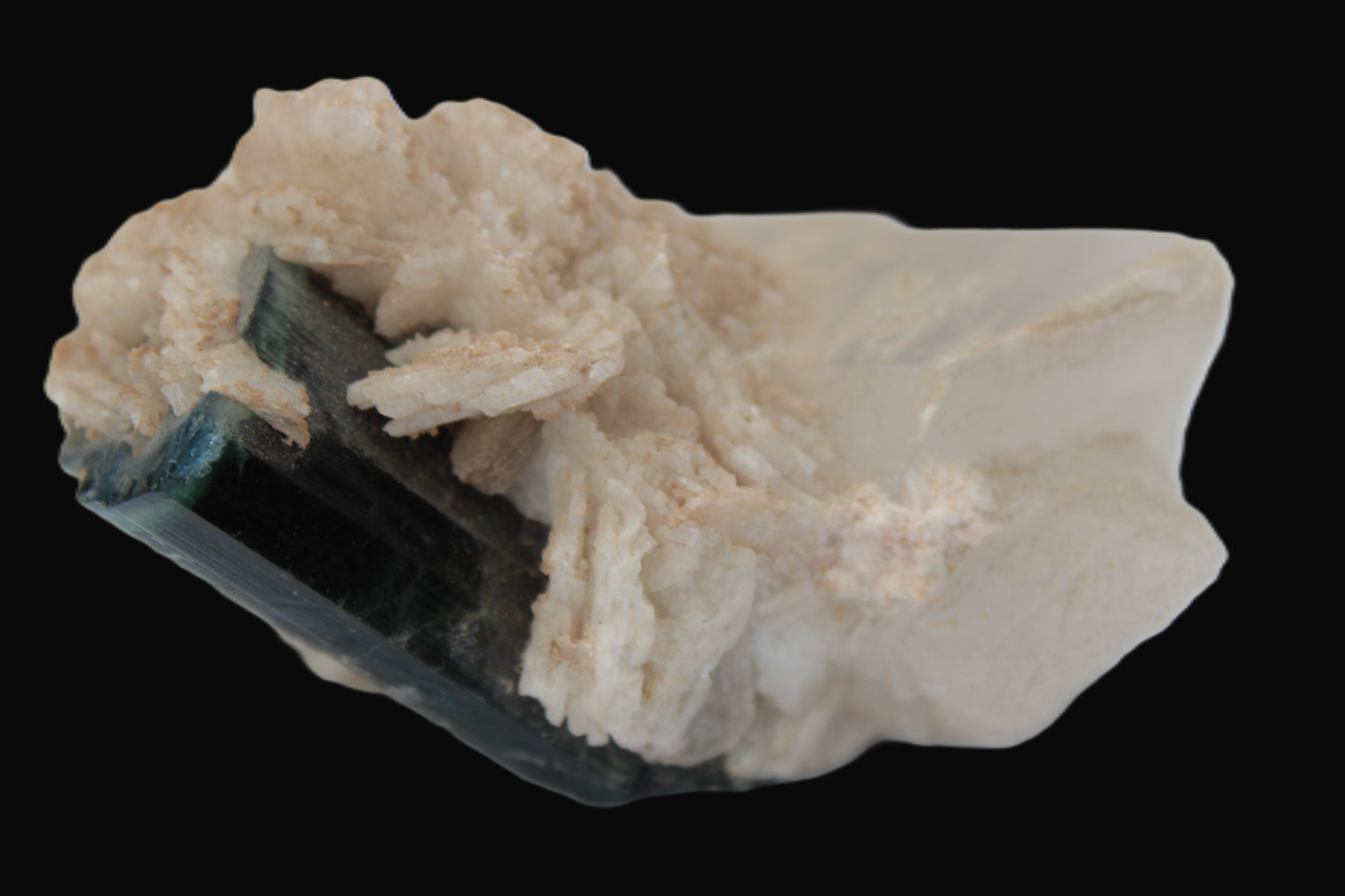 Large bi-colour terminated Green Tourmaline, Clear Aquamarine & Lepidolite on Calcite 118.9g Rocks and Things